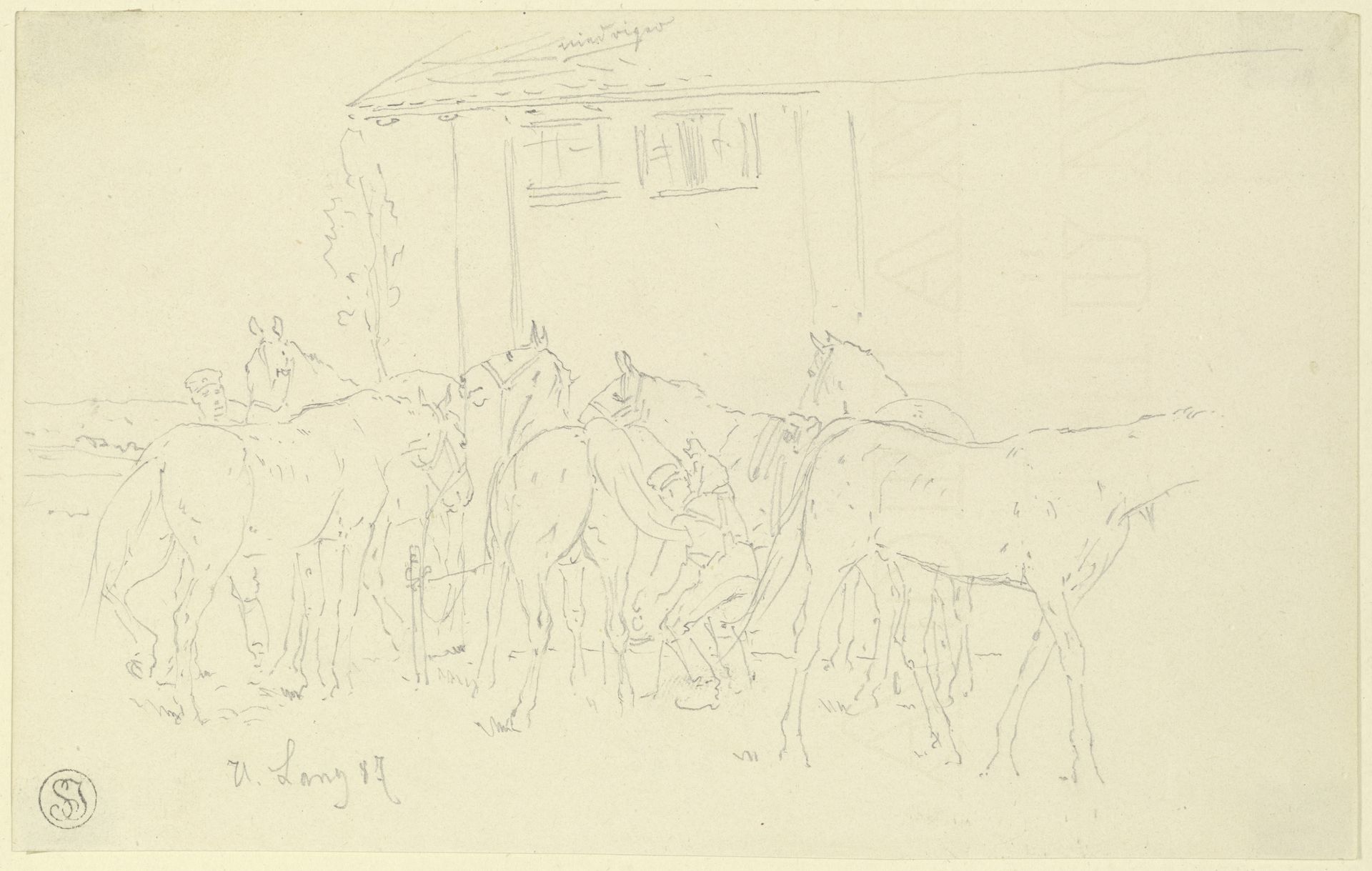 Cleaning the horses in the camp by Heinrich Lang