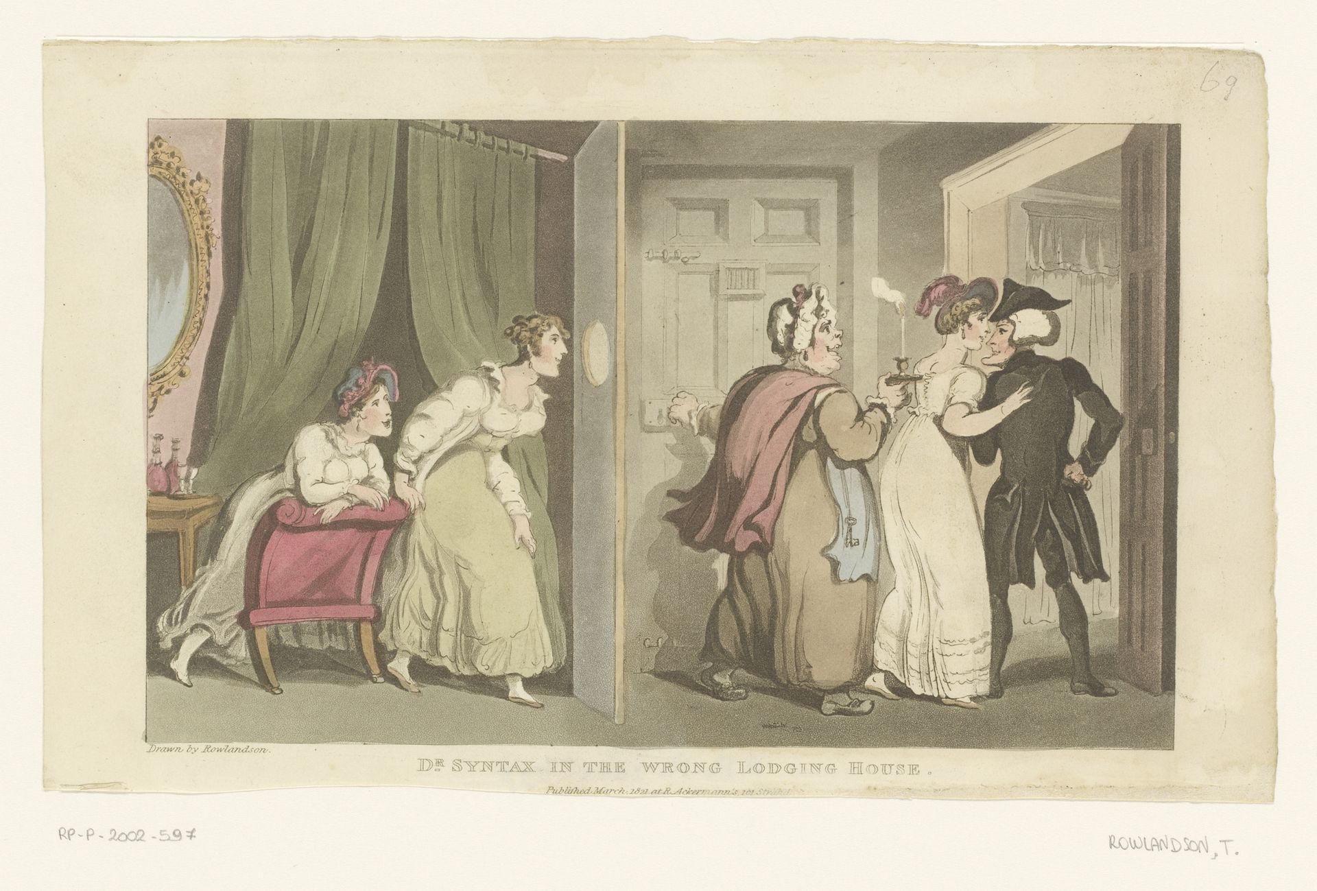 Doctor Syntax wordt door een deur geleid door twee vrouwen by Thomas Rowlandson