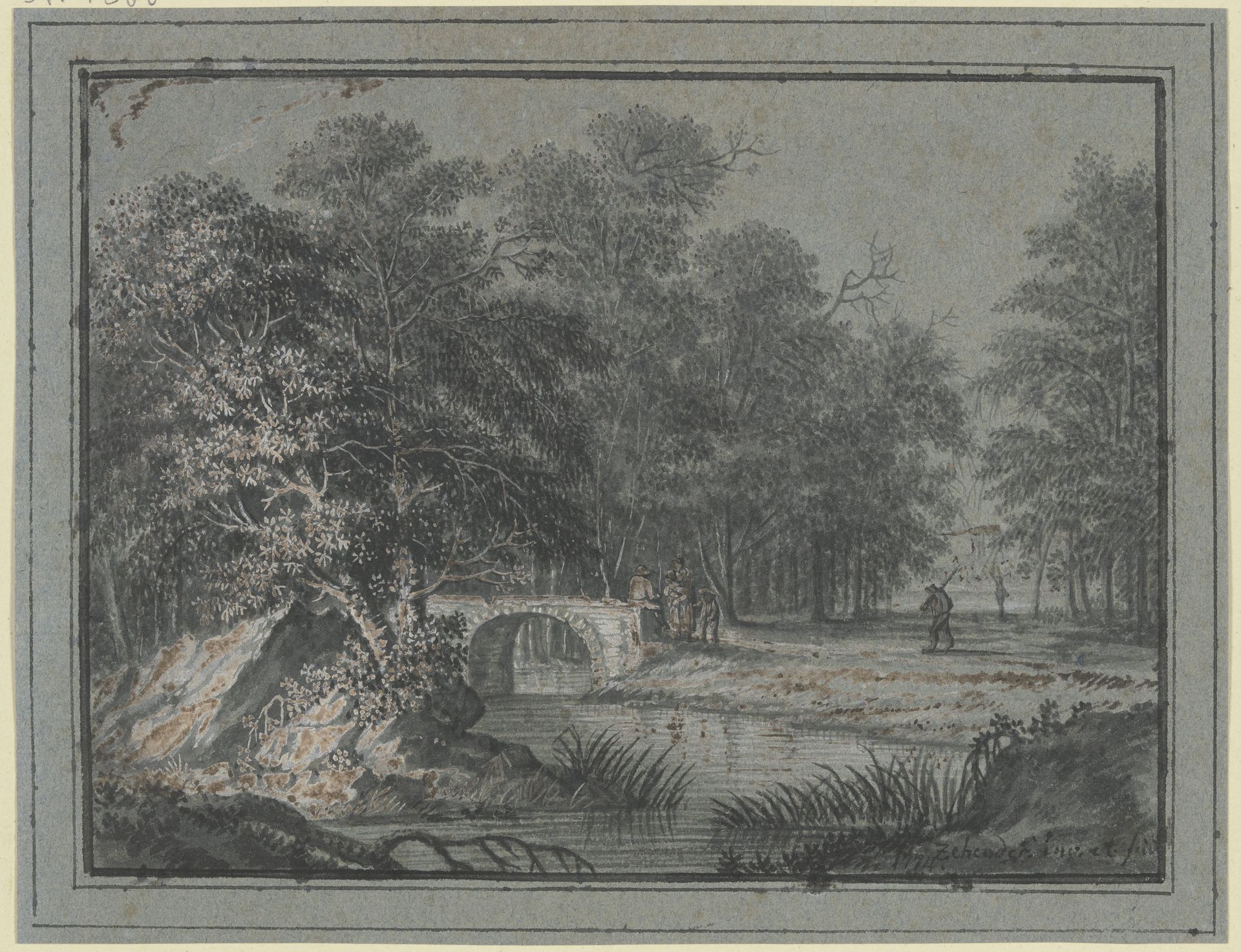 Wald mit Wasser und einer Brücke, dabei mehrere Figuren by Johann Caspar Zehender