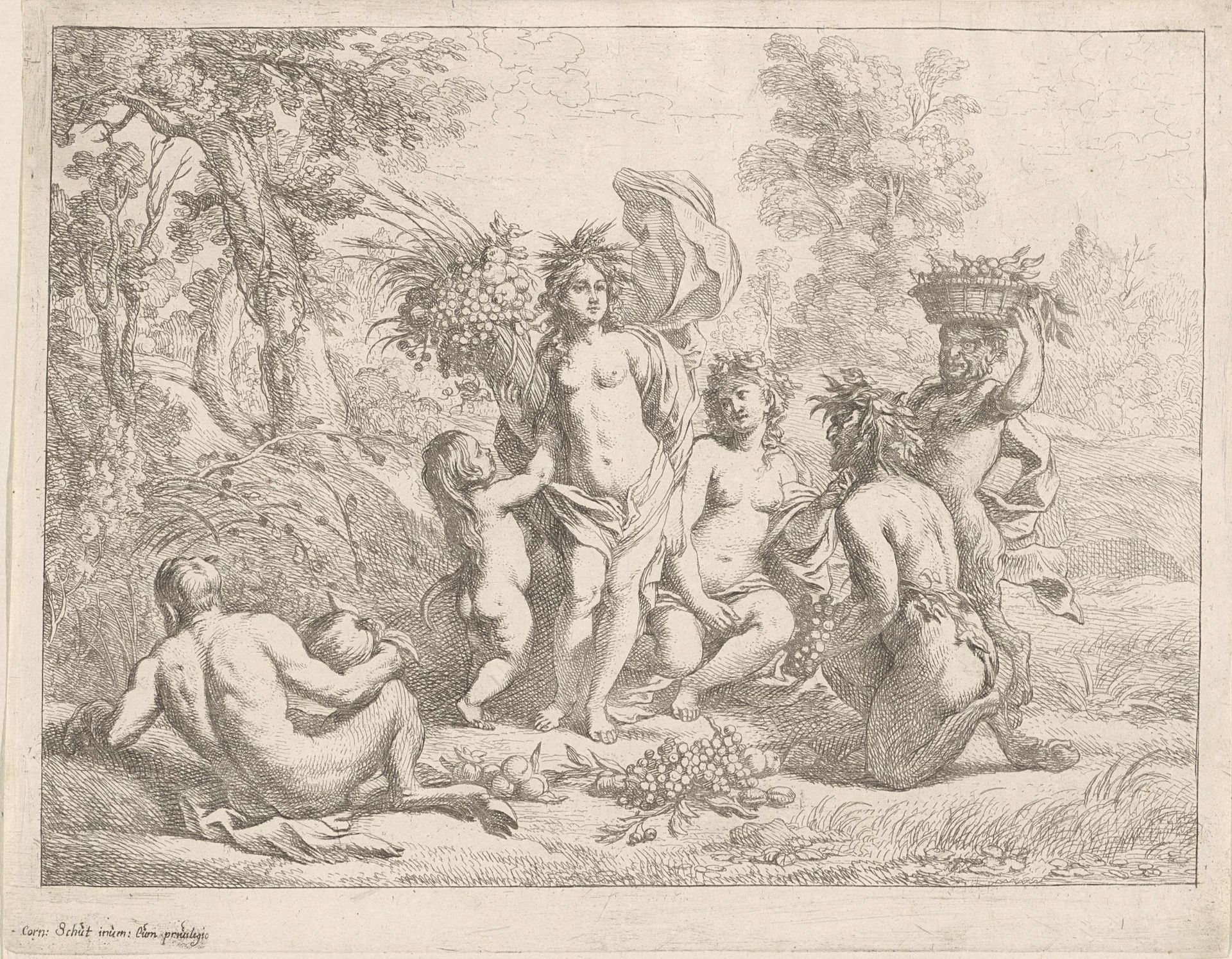 Ceres in een landschap, in het gezelschap van drie saters by Cornelis Schut