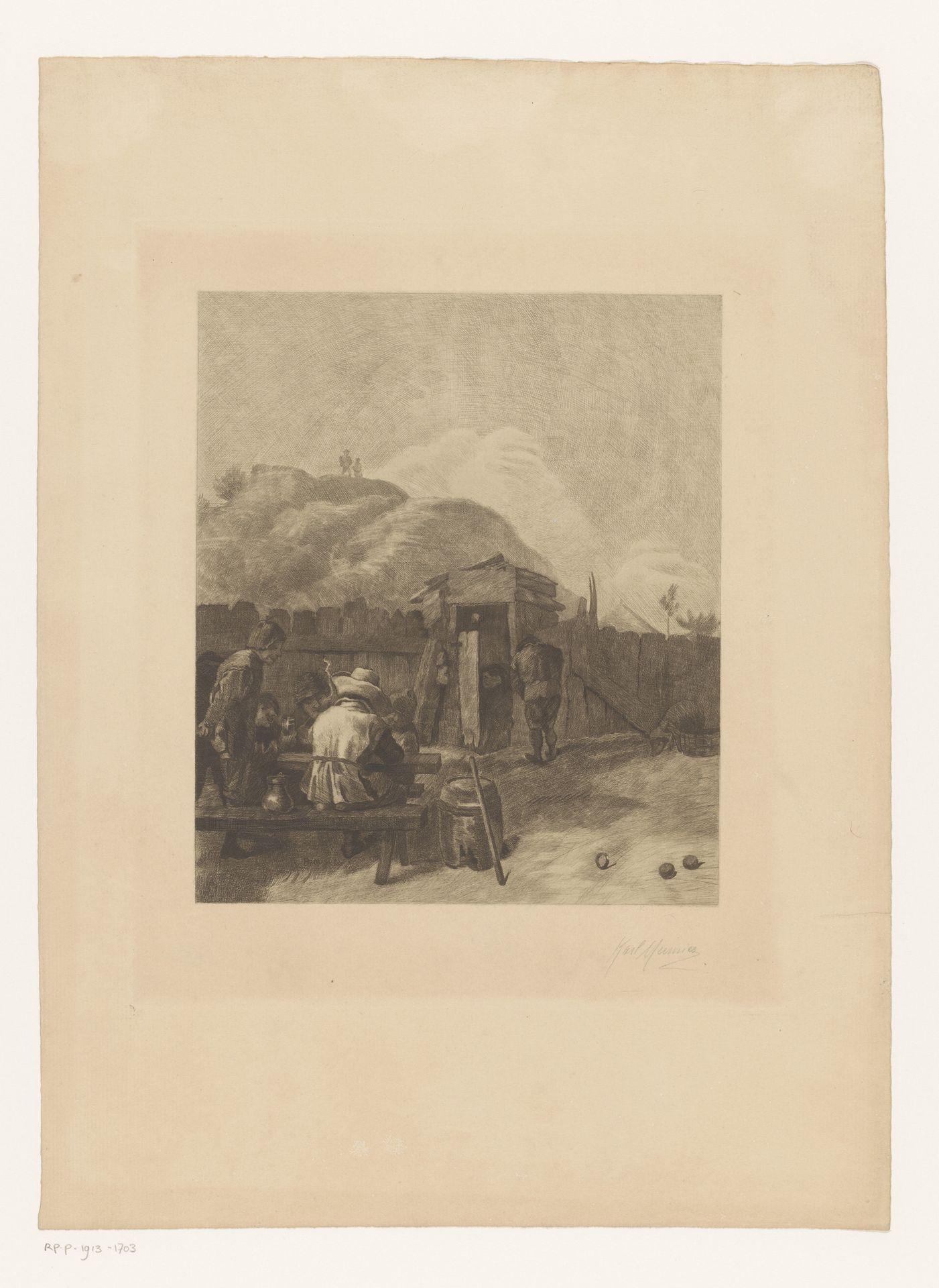 Kaartspelers buiten bij een tafel met heuvel op de achtergrond by Karl Meunier