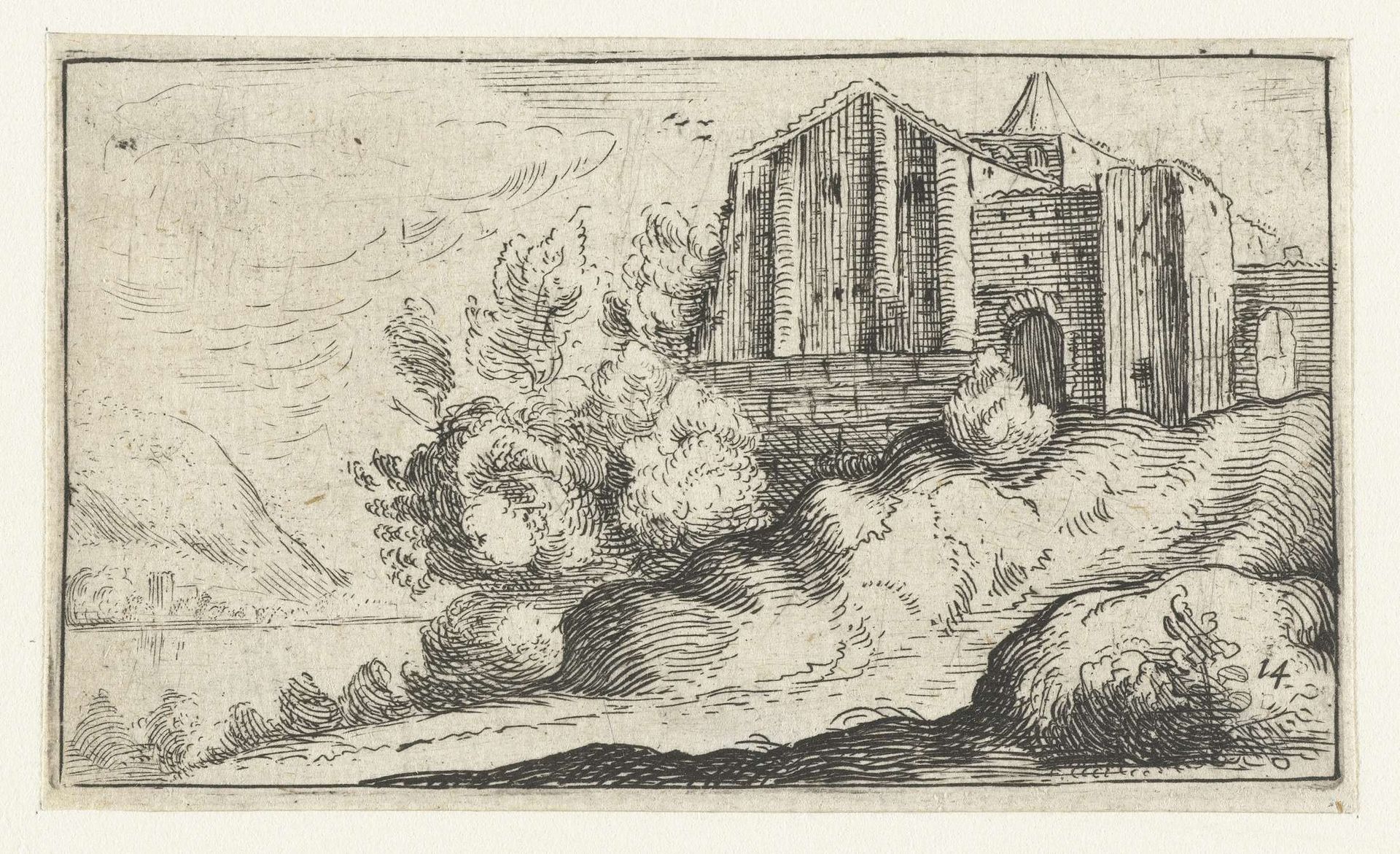 Gebouwen op een rots bij een rivier by Anonymous