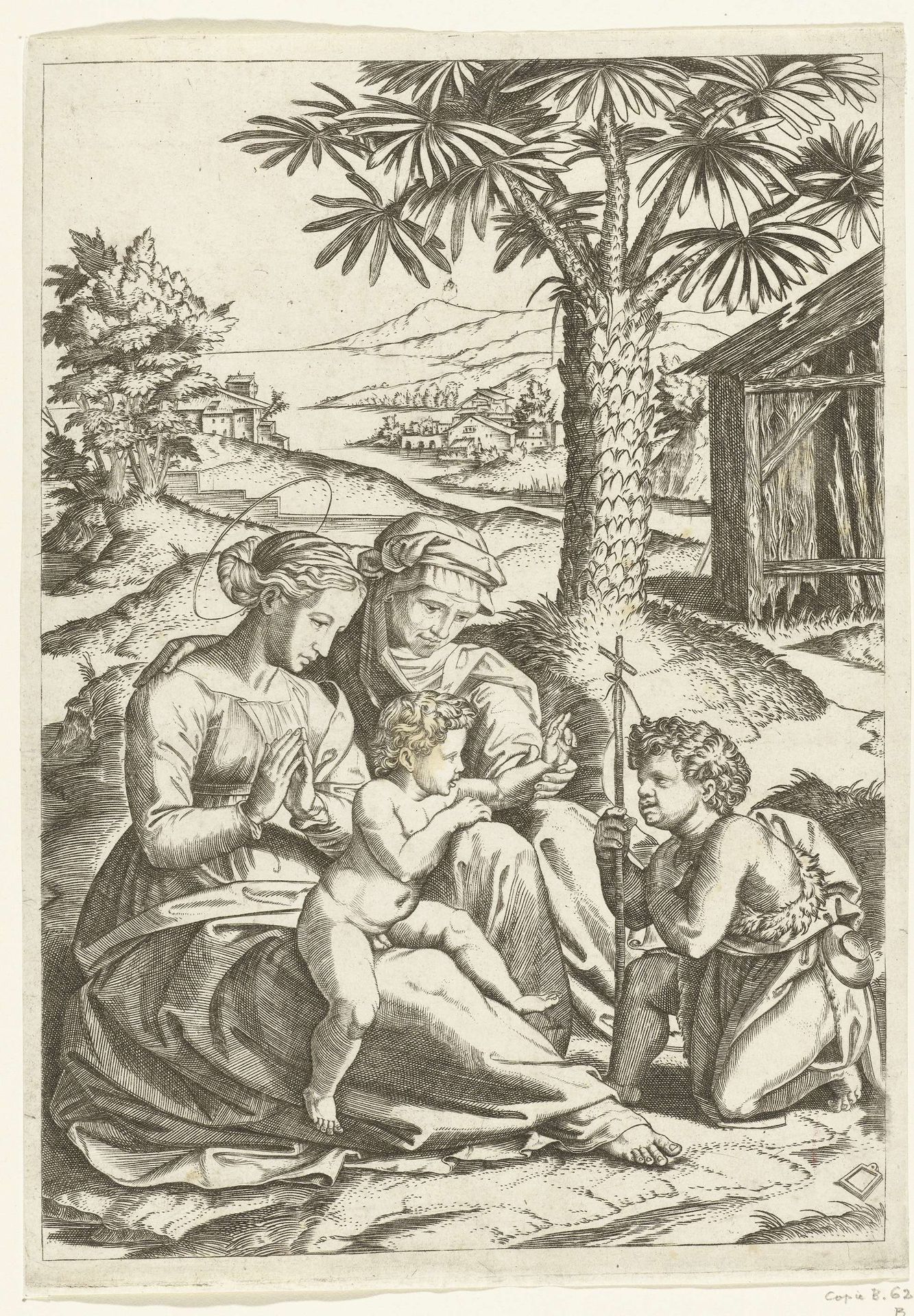 Maria met kind en heilige Elisabet met Johannes de Doper bij palmboom by Anonymous
