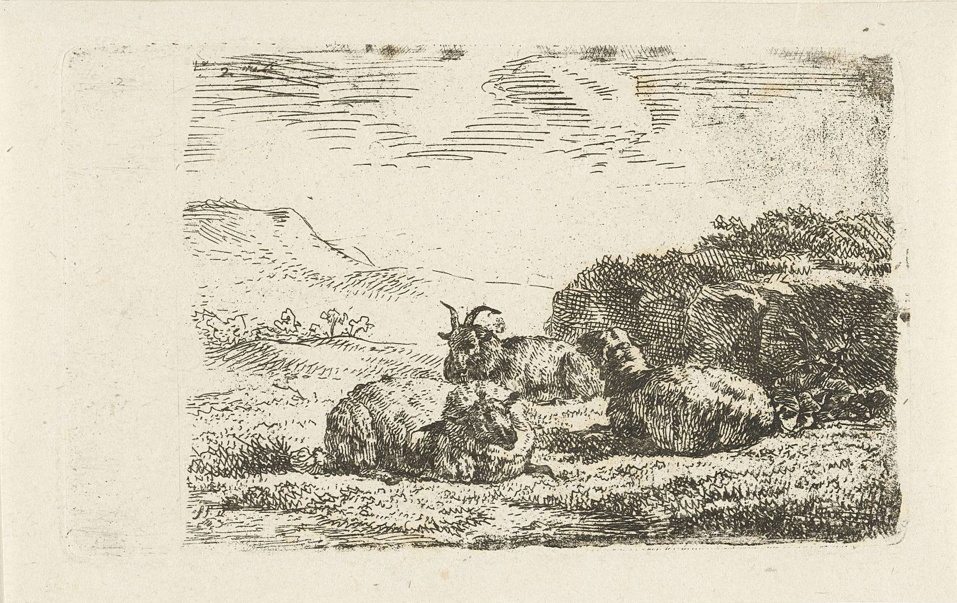 Twee schapen en een ram liggend naast een heuvel by Frédéric Théodore Faber