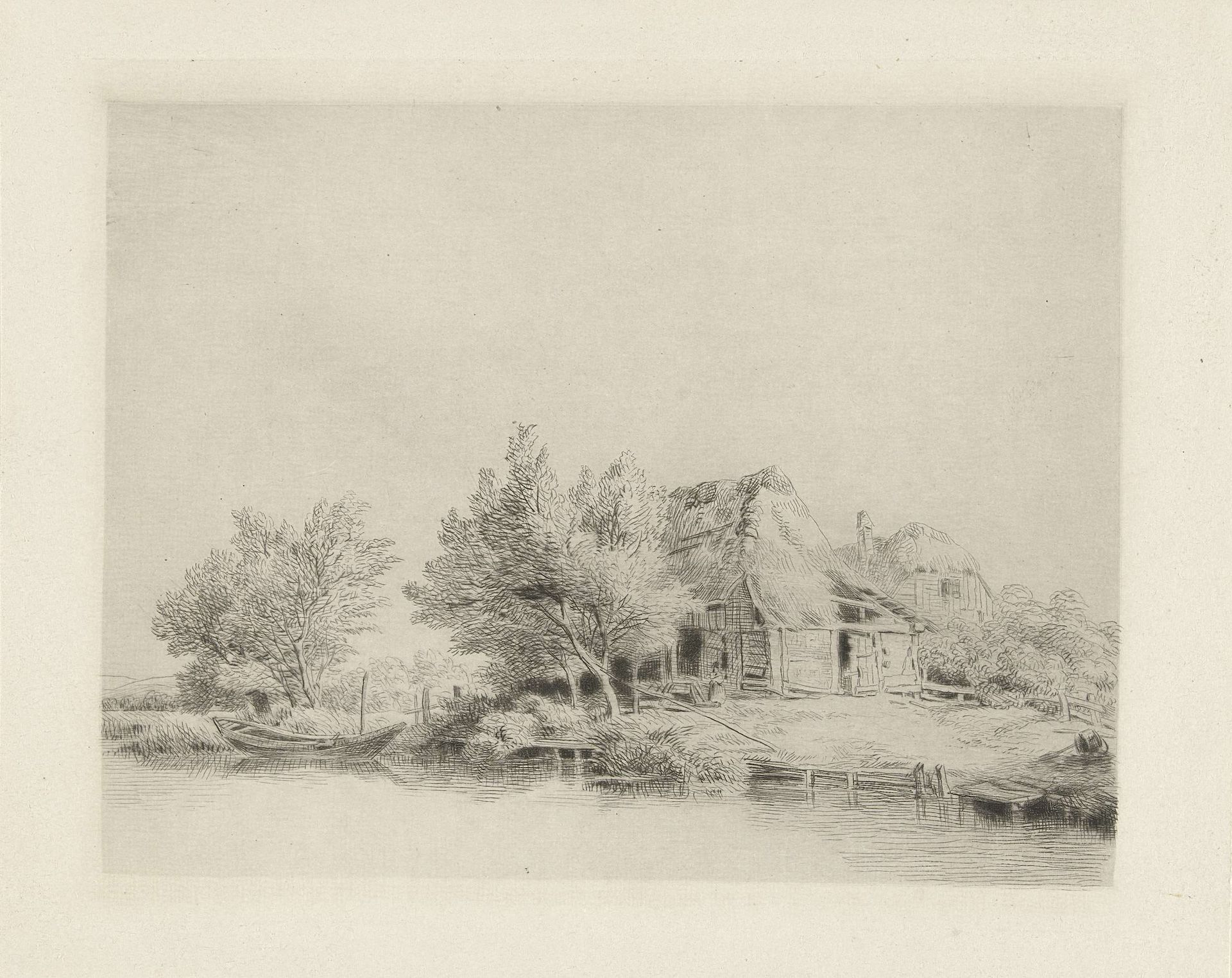 Vrouw bij een boerderij aan een plas by Remigius Adrianus Haanen