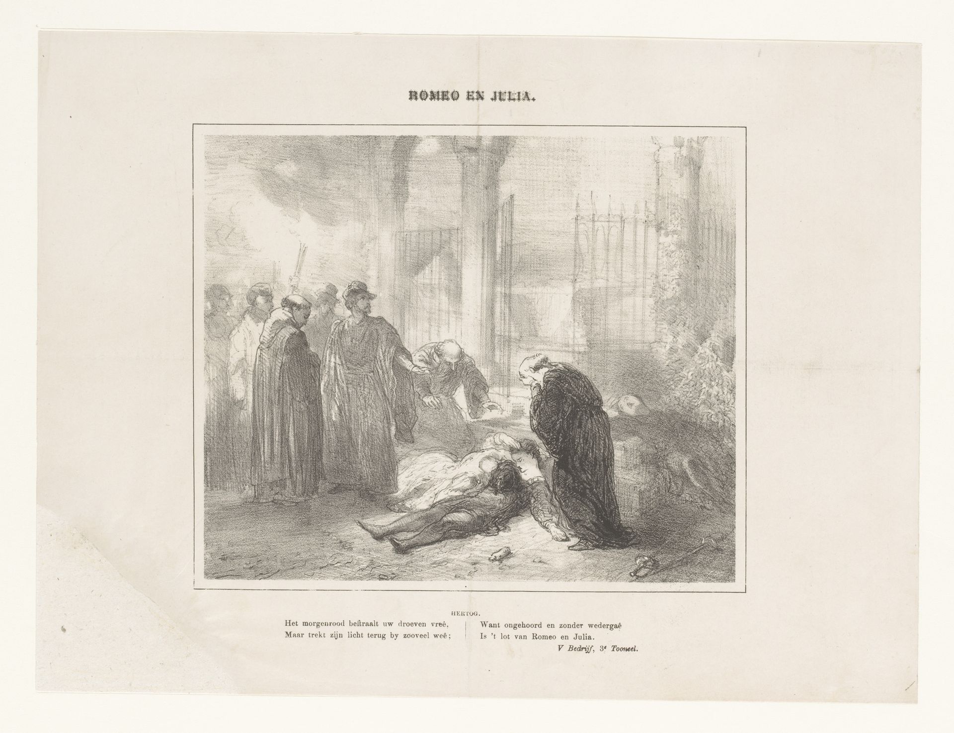 Lichamen van Romeo en Julia te midden van rouwende figuren by Charles Rochussen