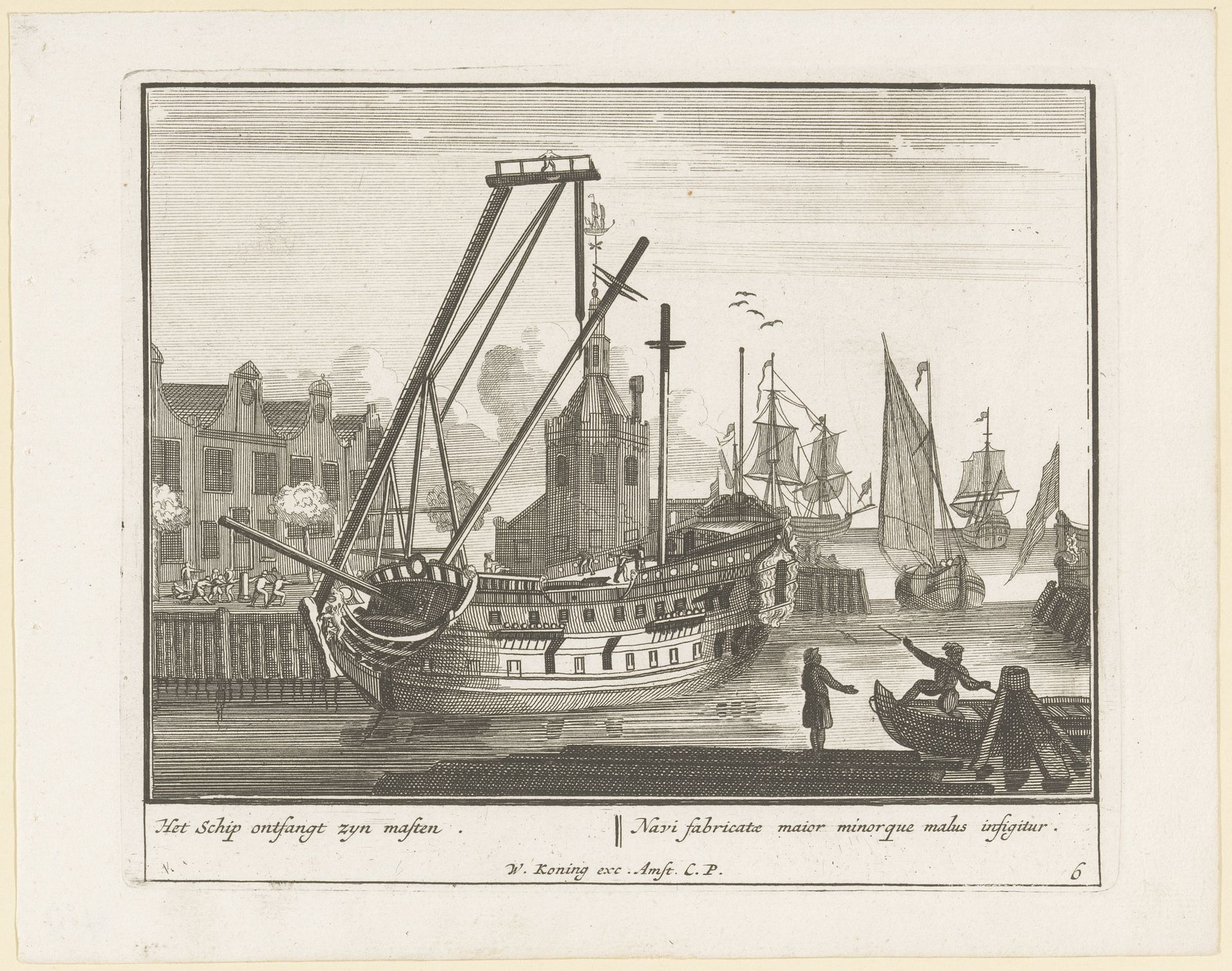 Aanbrengen van de masten op het schip by Pieter van den Berge
