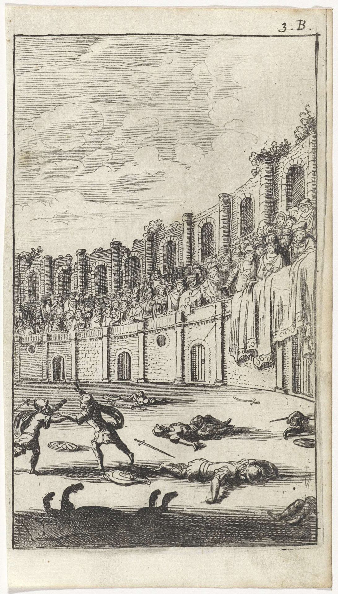 Vechtende gladiatoren in een arena by Abraham Dircksz. Santvoort