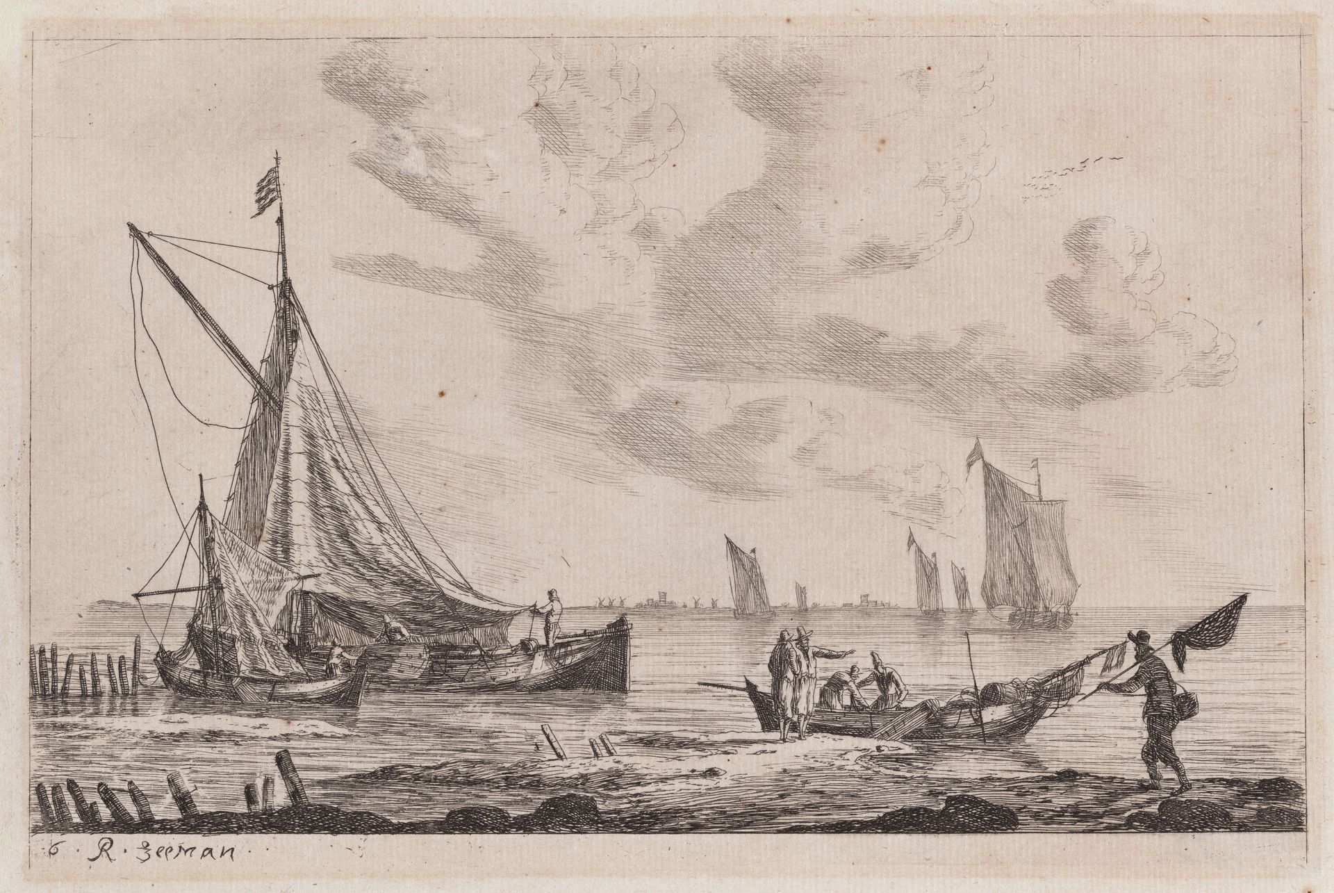 Shore of Inland Waterway with a Ketch, Two Smaller Boats, and Fisherman by Reinier Nooms