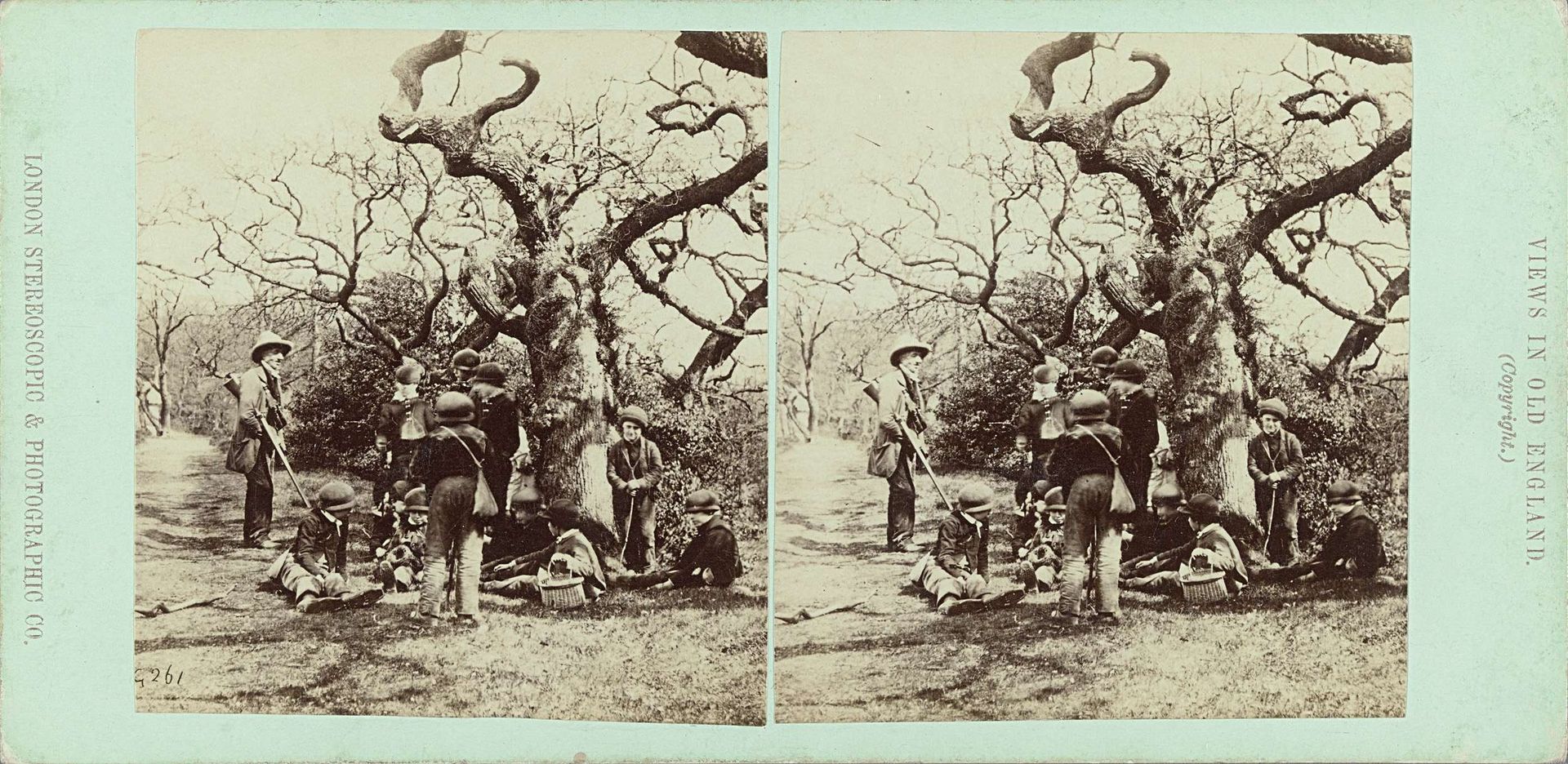 Man met geweer en groep kinderen rustend onder een boom in Engeland by London Stereoscopic Company