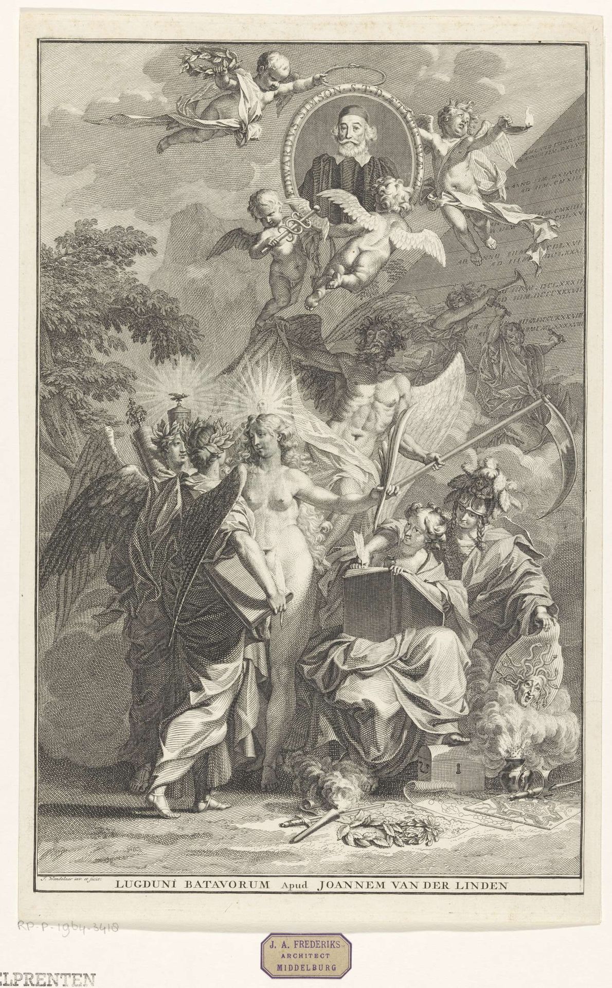 Allegorische titelpagina met het portret van schrijver Edward Simson by Jan Wandelaar
