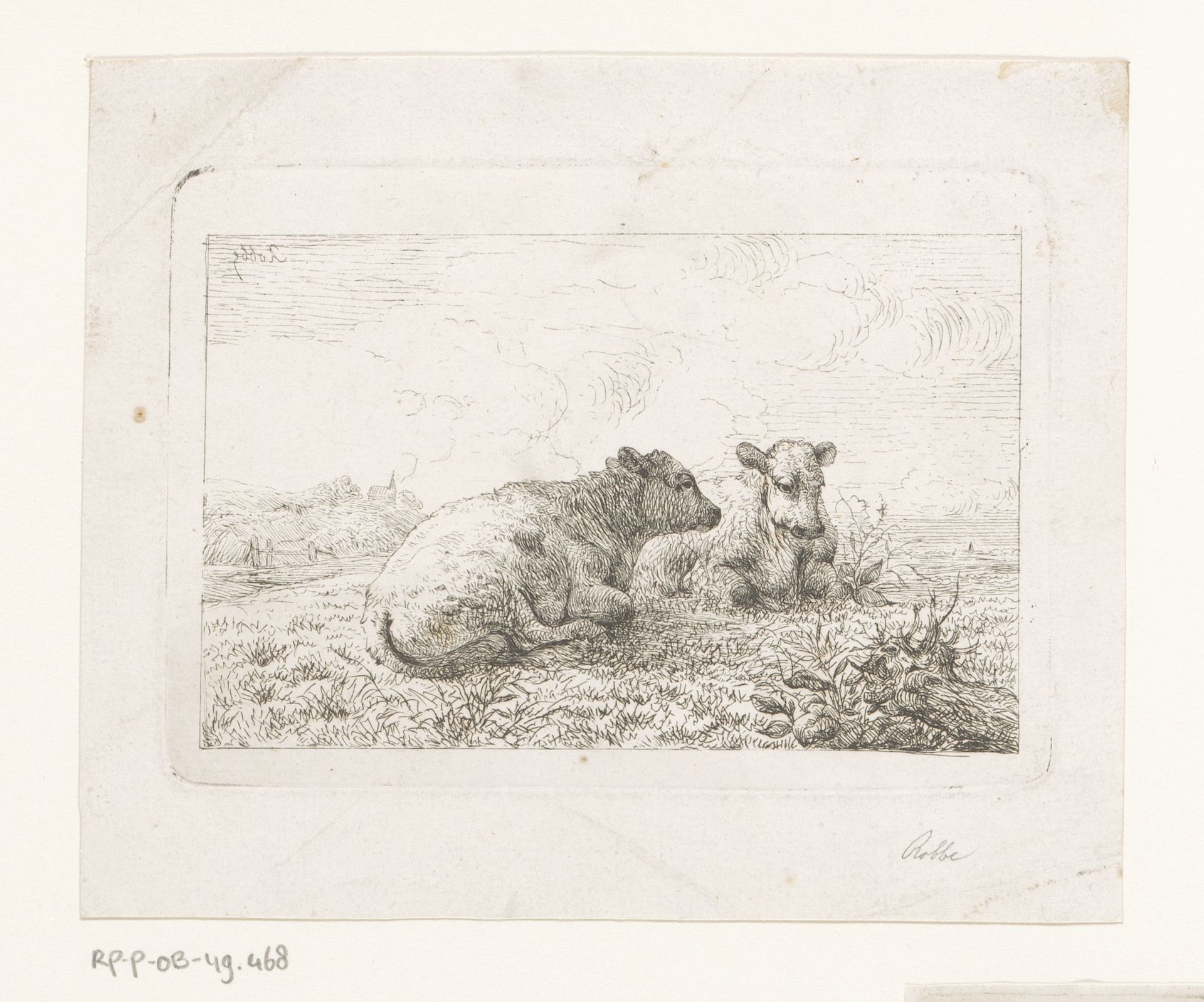 Twee koeien liggend in een weide by Louis Robbe