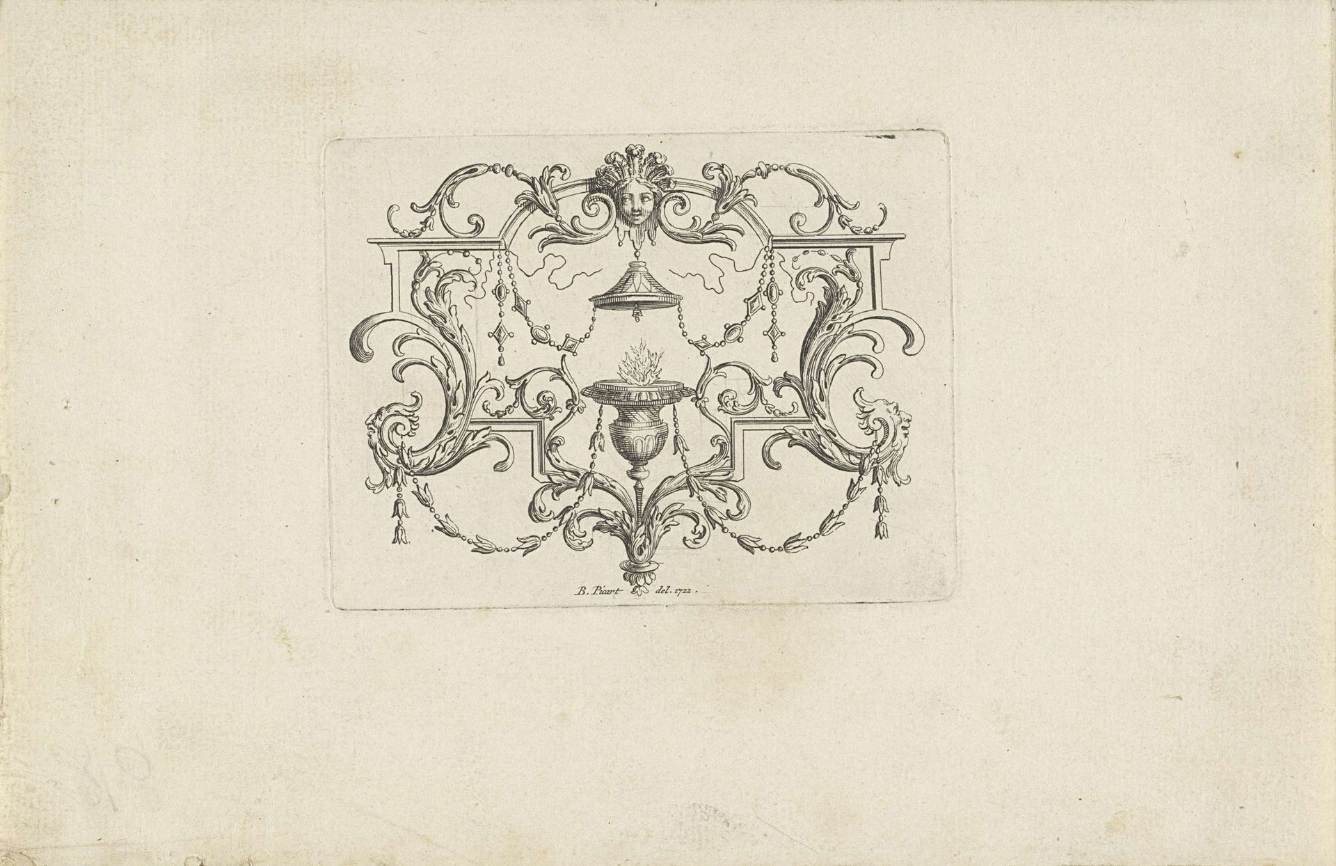 Vignet met brandende lamp en vrouwelijk mascaron by Bernard Picart