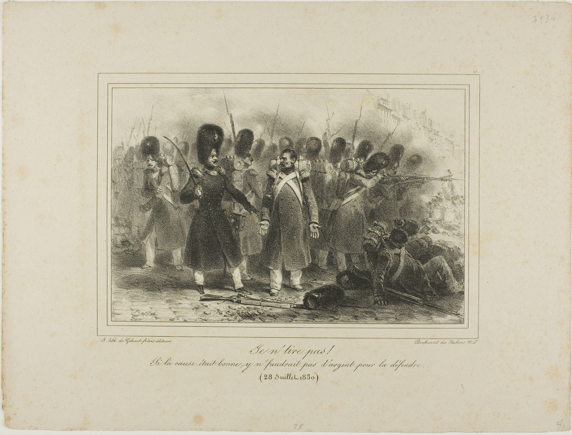 Je n'tire pas! Si la cause était bonne, y n'faudrait pas d'argent pour la défendre. 28 Juillet 1830 by Auguste Raffet