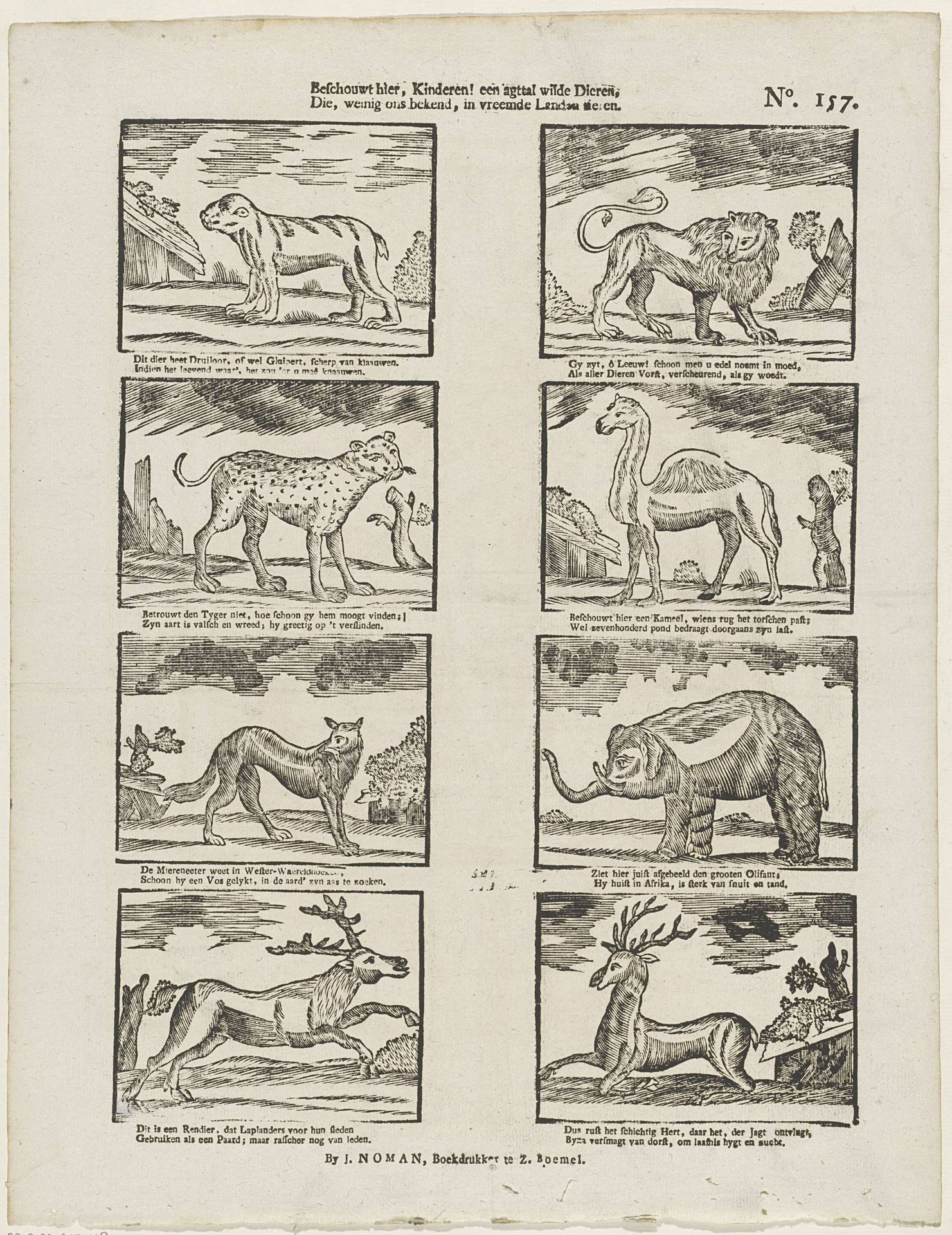 Beschouwt hier, kinderen! een agttal wilde dieren, / Die, weinig ond bekend, in vreemde landen [(...)]ieren by Johan Noman