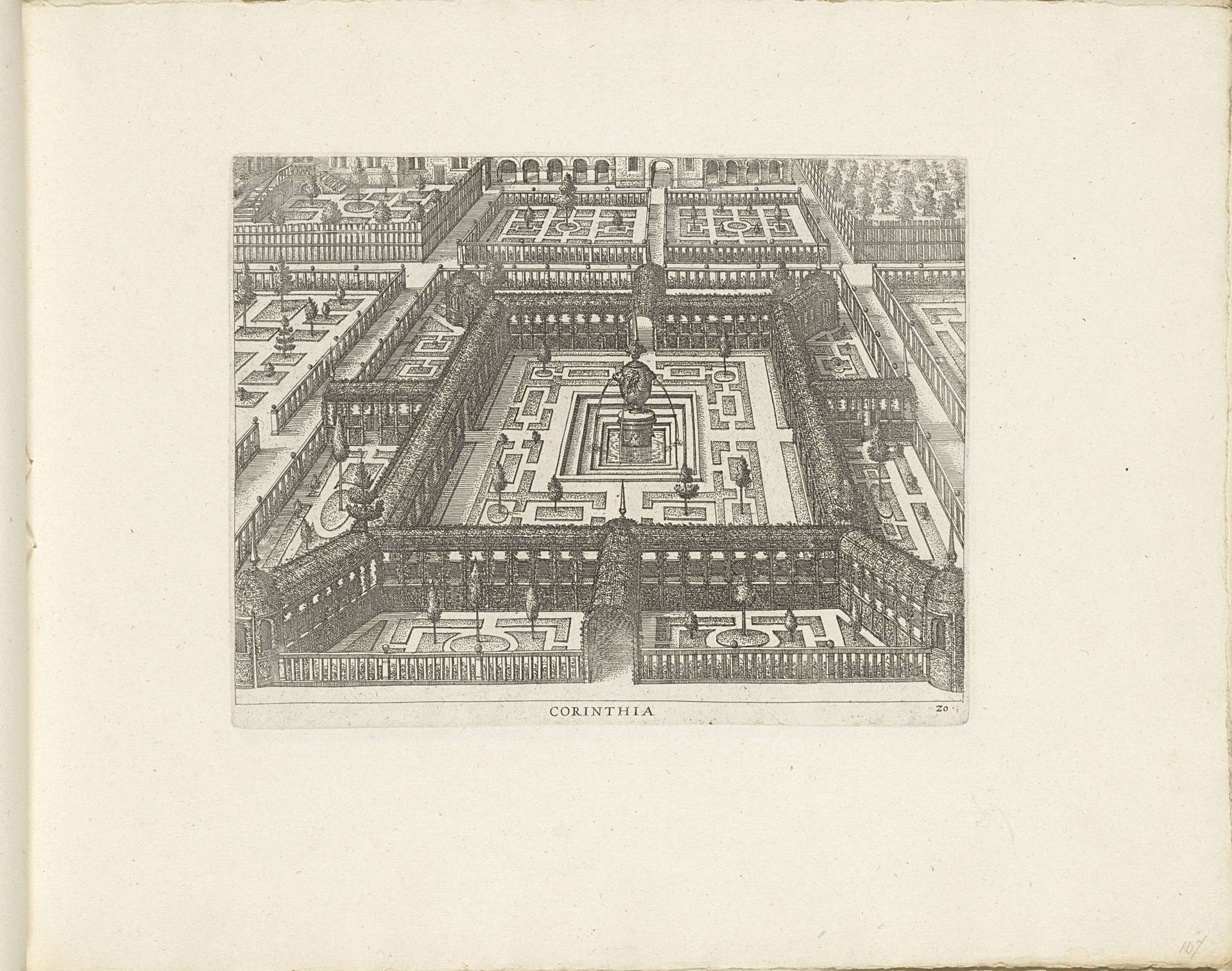 Tuin met centrale parterre omgeven door een gang van traliewerk en in het midden een fontein by Anonymous