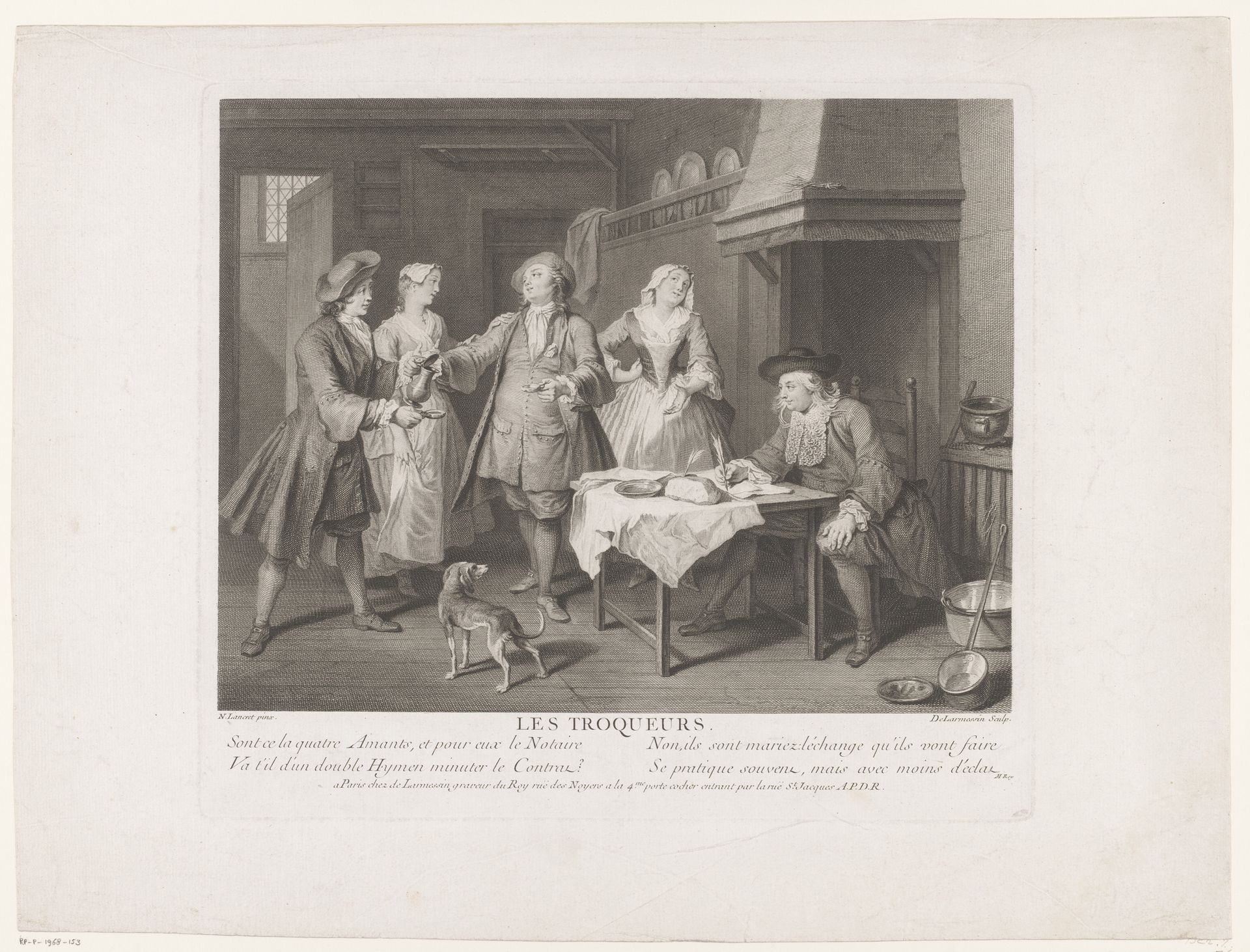 Keukeninterieur met twee mannen en twee vrouwen naast een man aan tafel by Nicolas de (III) Larmessin