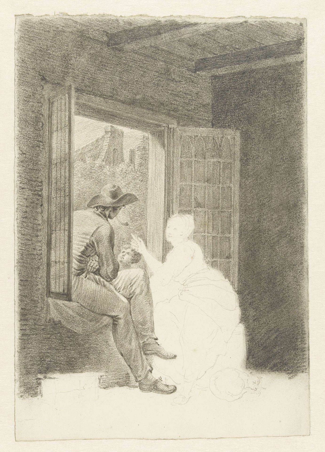 Man, vrouw en kind in gesprek bij een open raam by Pieter Bartholomeusz. Barbiers
