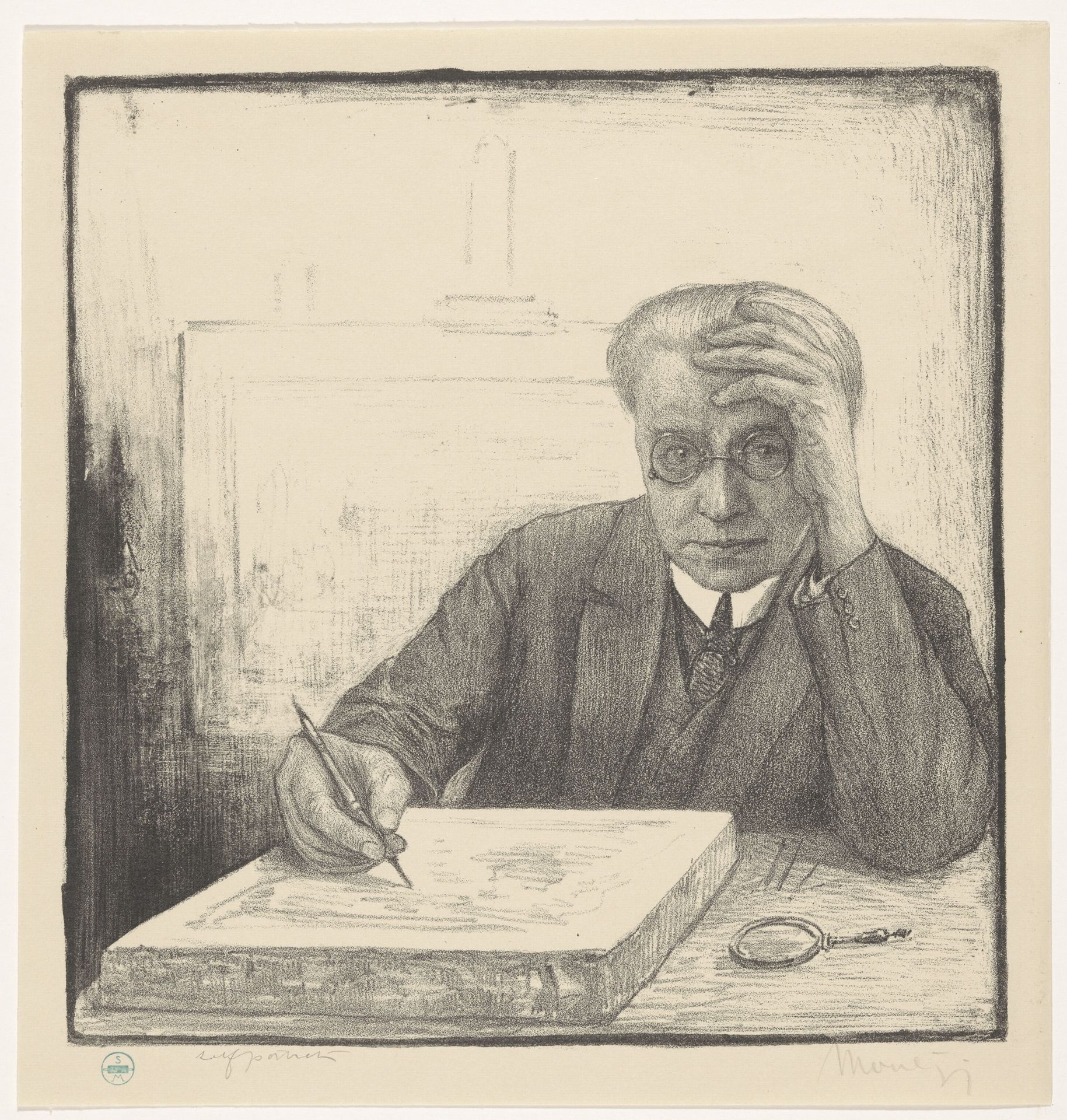 Zelfportret met lithosteen by Simon Moulijn