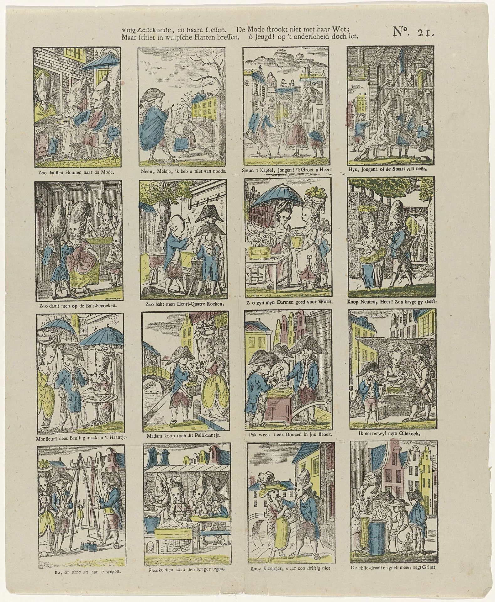 Volg zedekunde, en haar lessen. / Maar schiet in wulpsche harten bressen. / De mode strookt niet met haar wet; / ô jeugd! op 't onderscheid doch let by Hermanus Numan