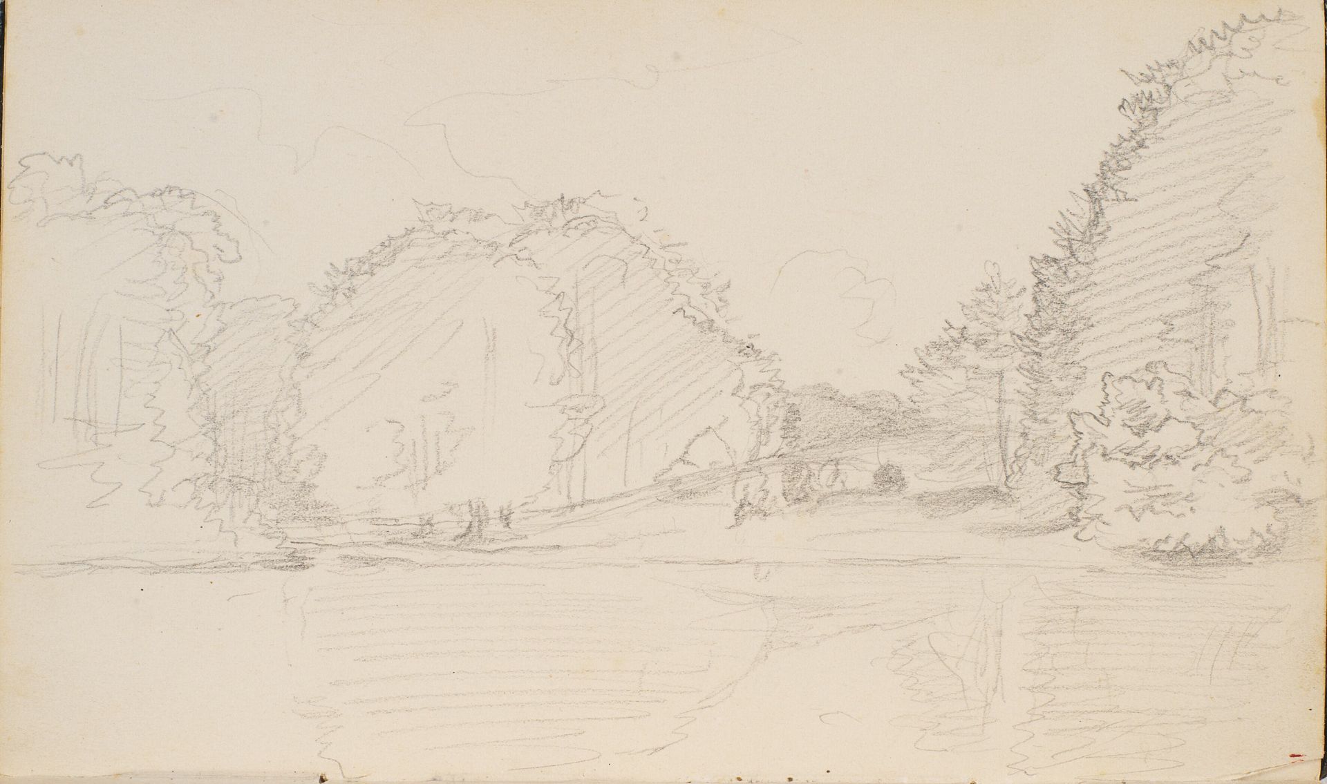 En sø. På bredden store træer og græs by P.C. Skovgaard
