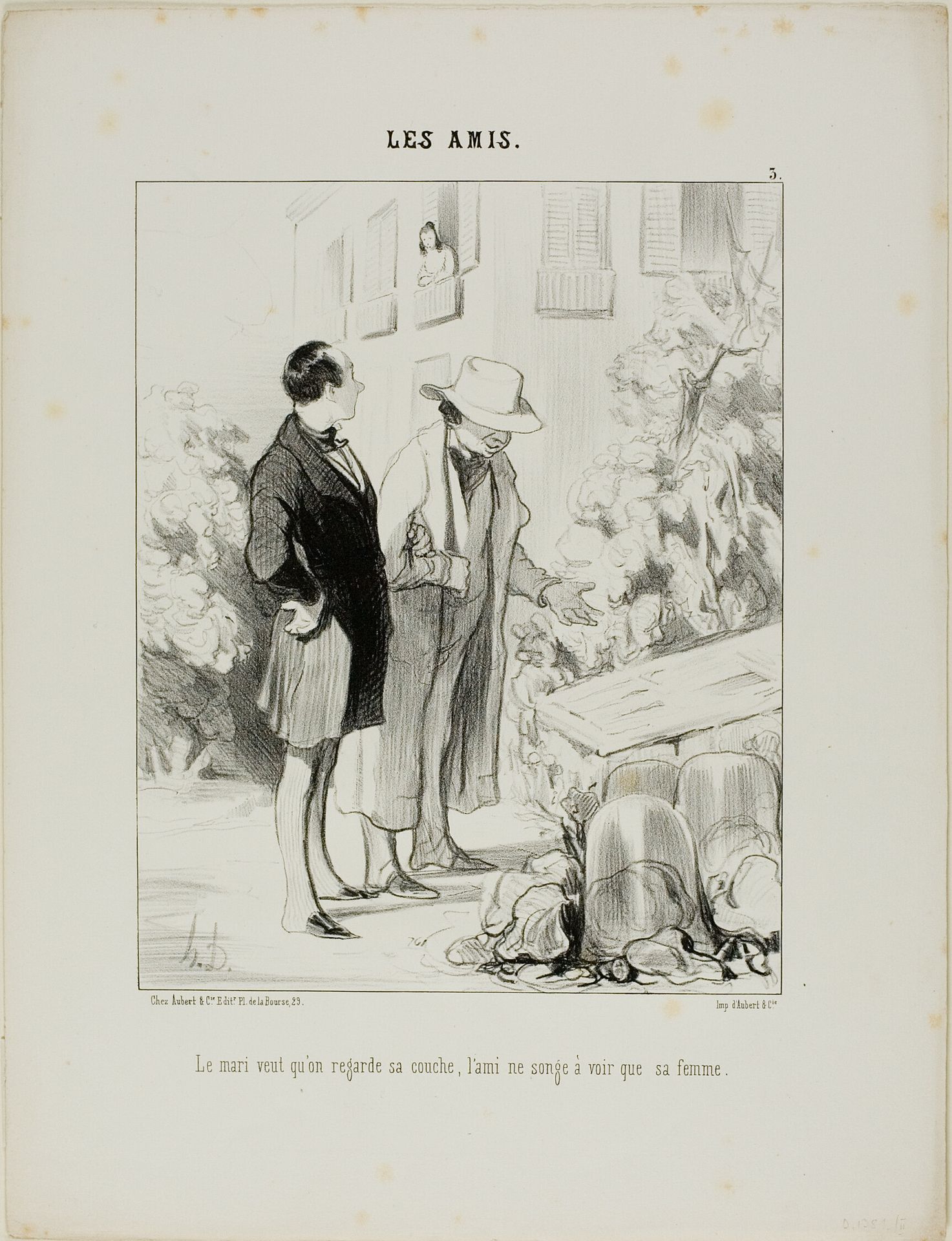 The husband wants him to look at his hot-bed, the friend only dreams of seeing his wife, plate 3 from Les Amisa by Honoré Daumier