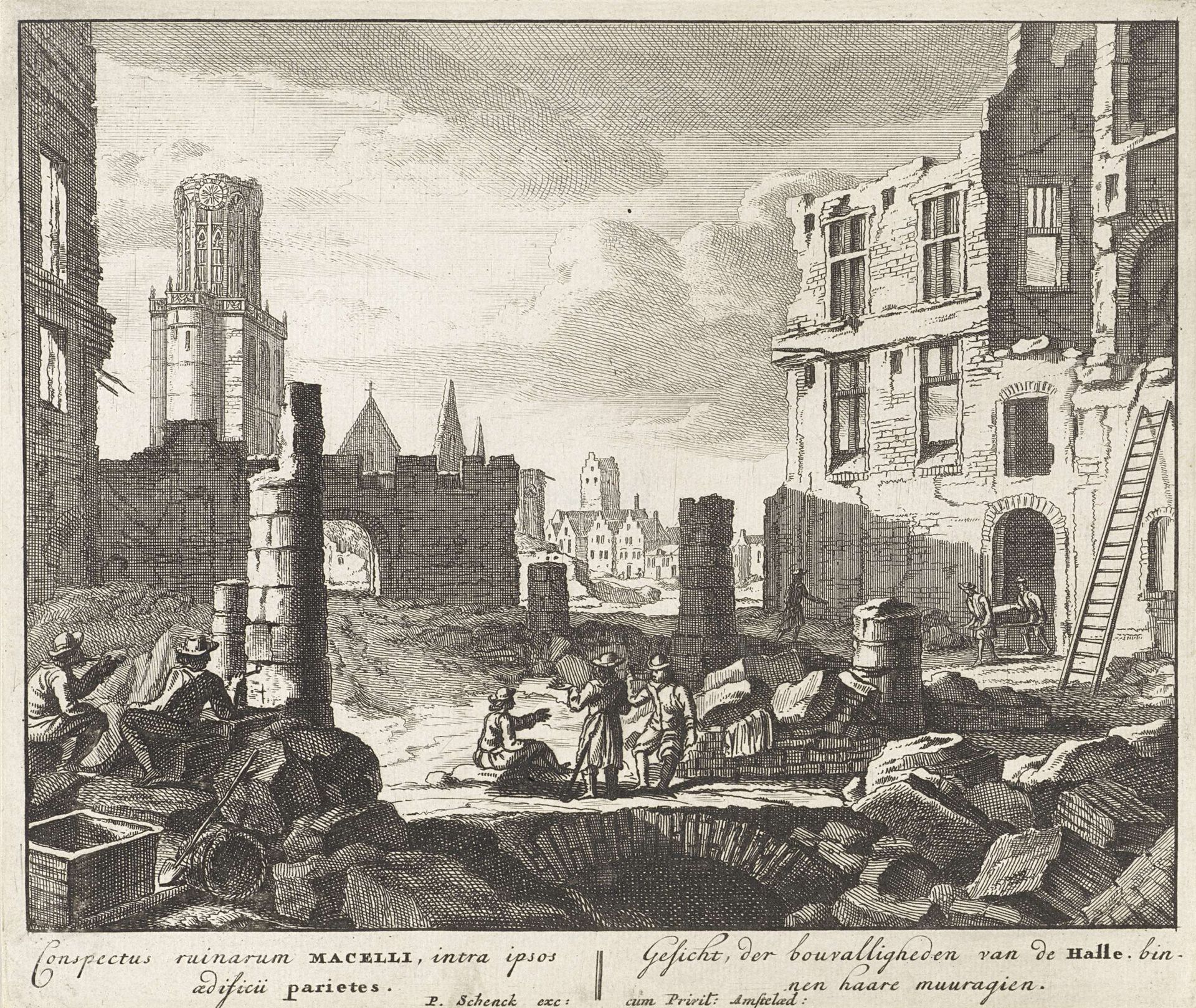 Ruïnes in de Beenhouwersstraat te Brussel, 1695 by Pieter Schenk