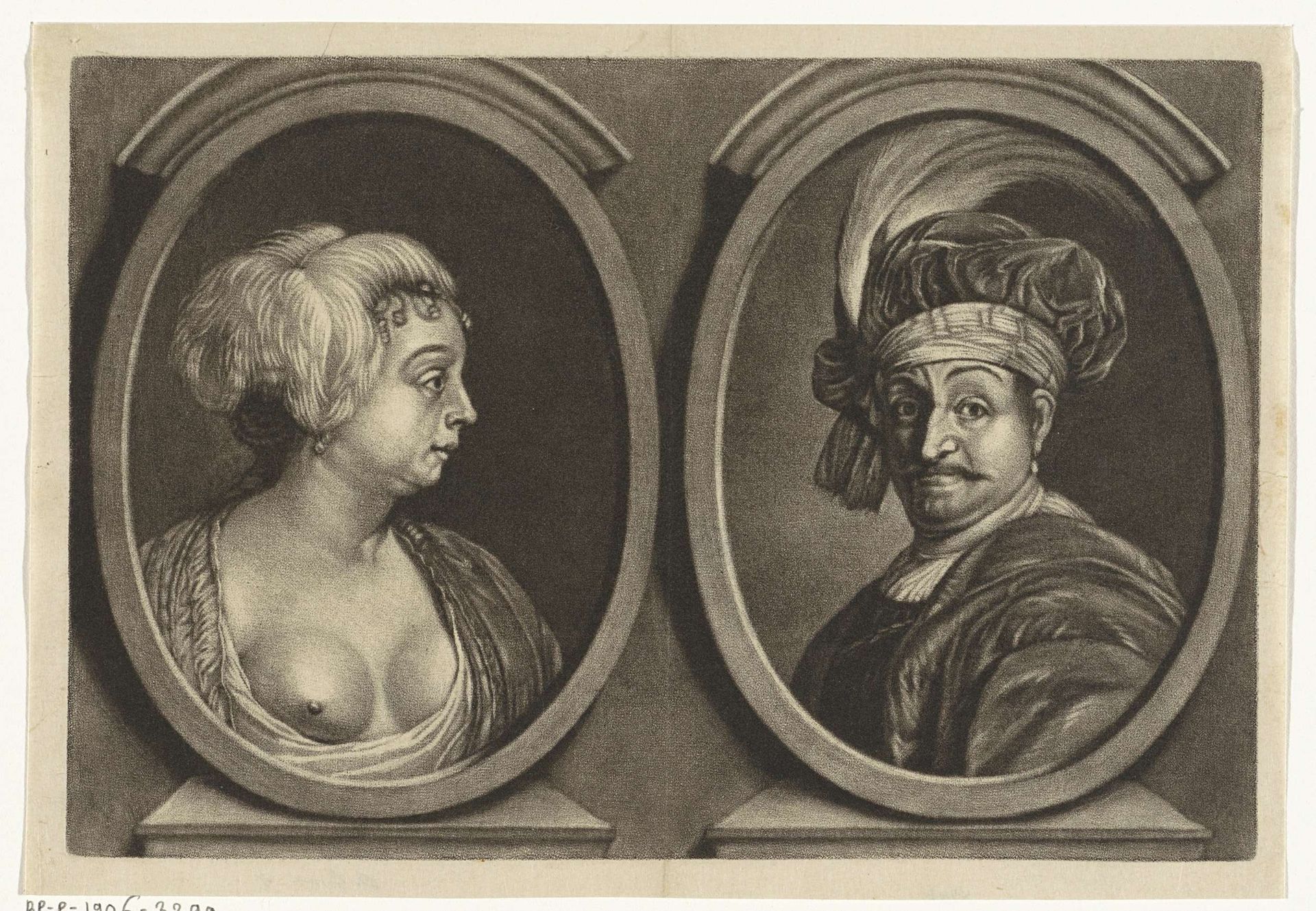 Portretten van een vrouw met een ontblote borst en een man met tulband by Johannes de (II) Groot