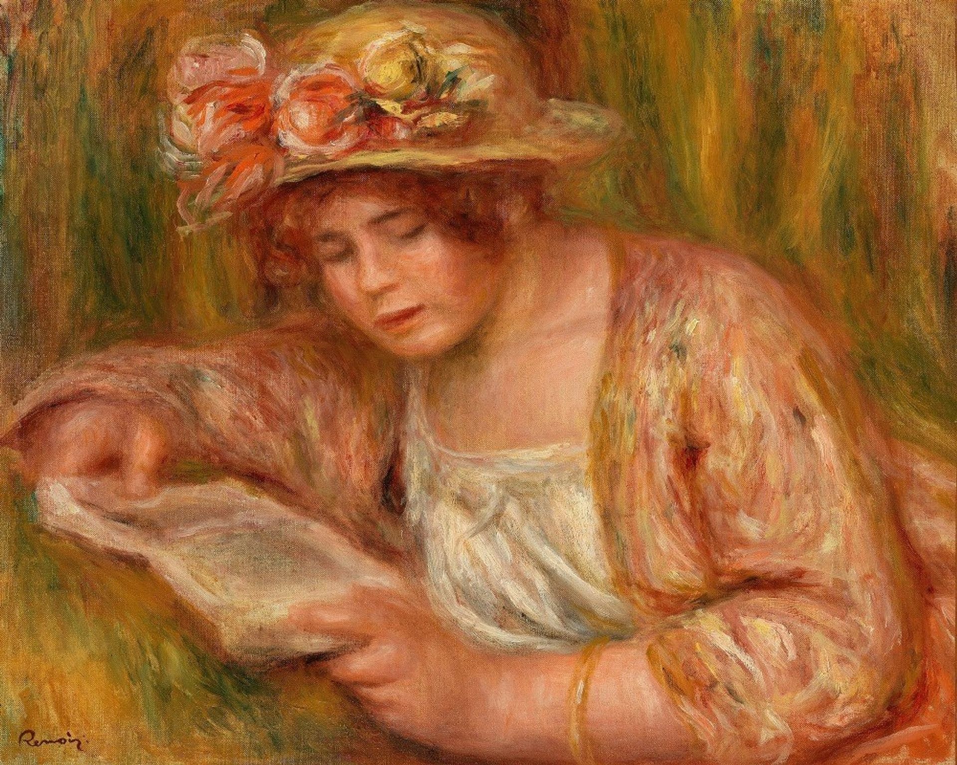 Andrée in a Hat, Reading by Pierre-Auguste Renoir