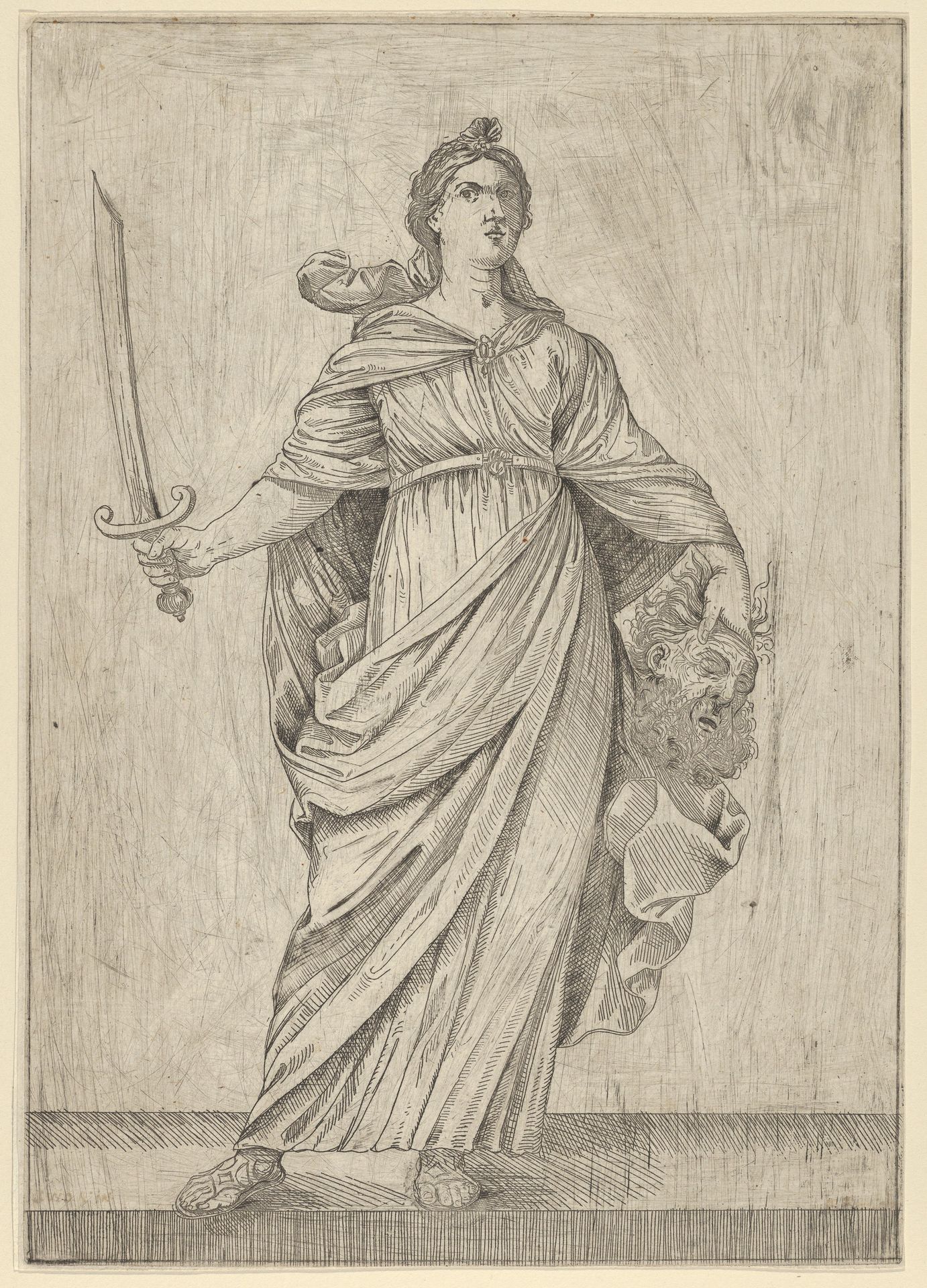 Judith standing on a ledge holding the head of Holofernes in her left hand and a sword in her right by Anonymous