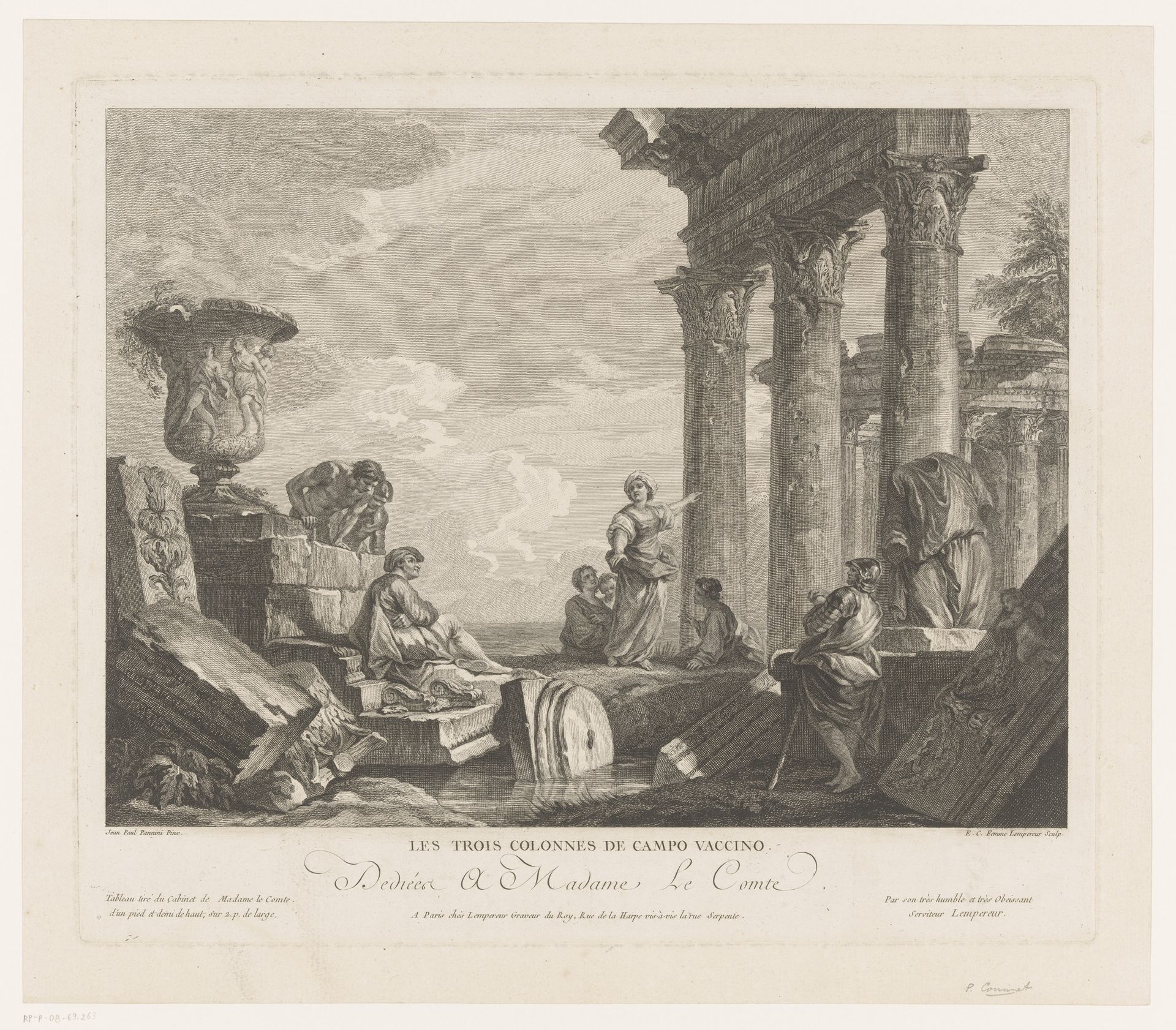 Acht mannen en vrouwen rustend tussen ruïnes by Cathérine Elise Cousinet