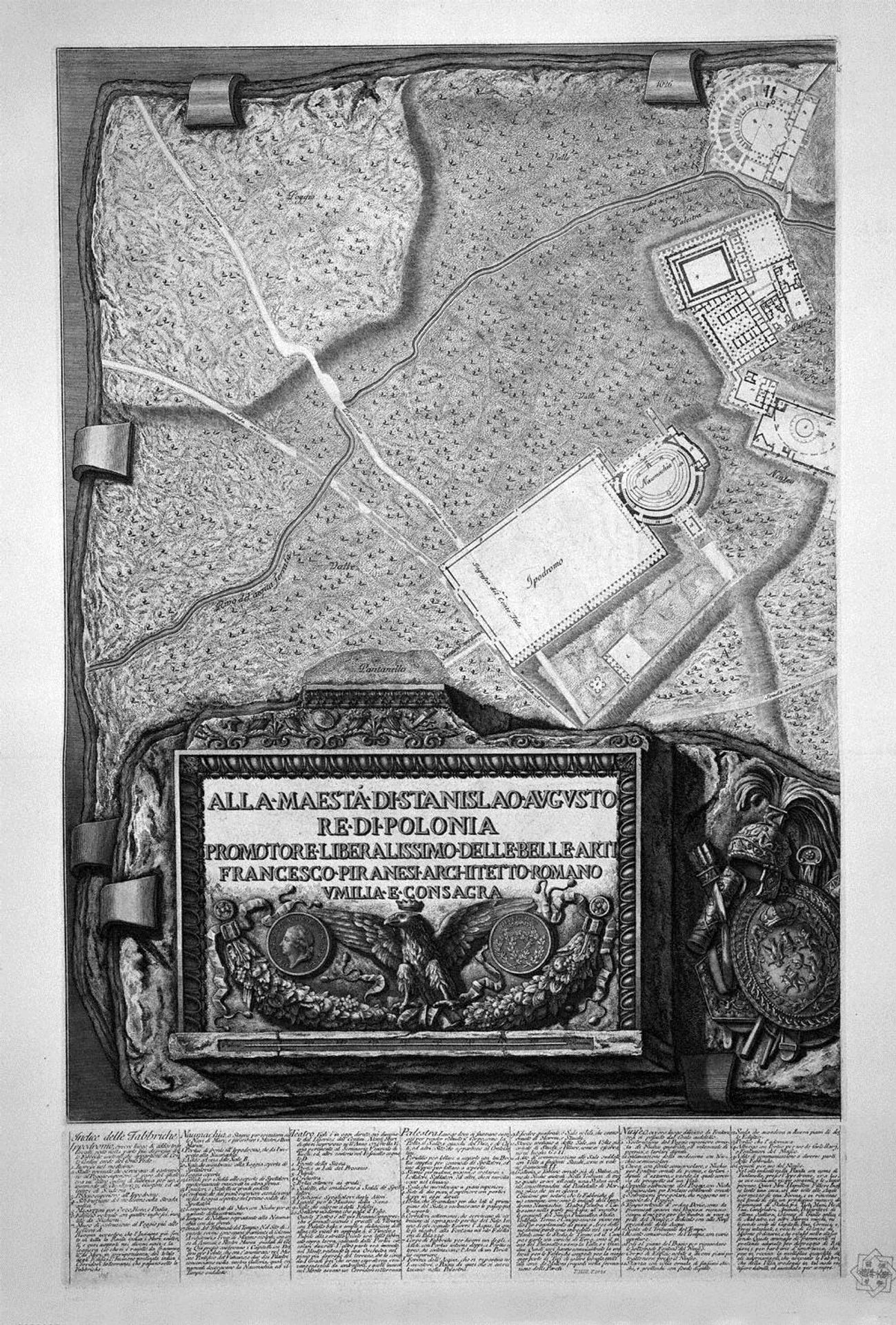 Plan of the existing factories in the Villa Adriana, with a dedication to St. M Stanislaus Augustus, King of Poland by Giovanni Battista Piranesi