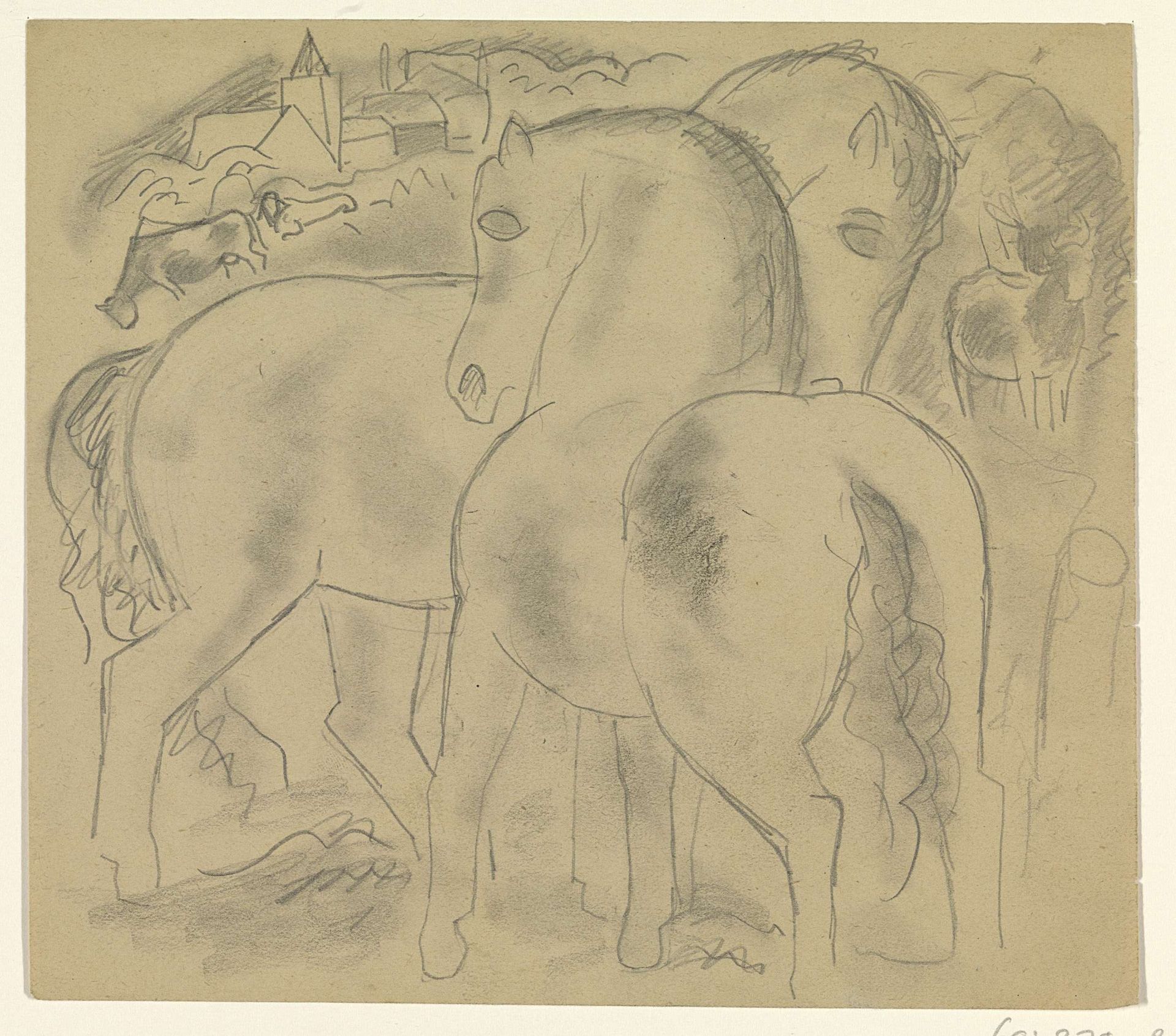 Twee paarden in een landschap met koeien by Leo Gestel