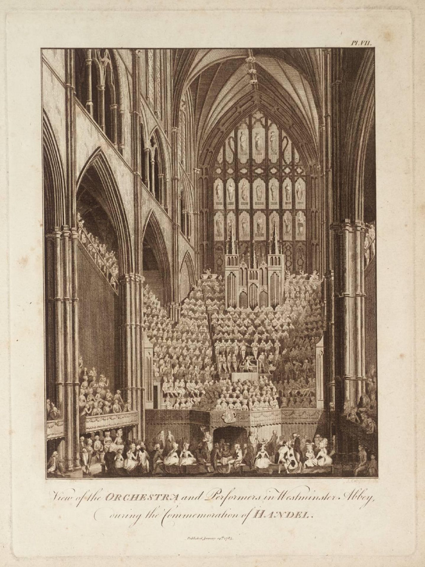 View of the Orchestra and Performers in Westminster Abbey, during the Commemoration of Handel by British School