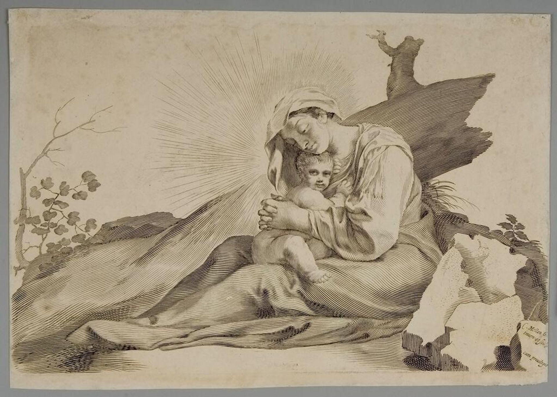 Madonna and Child Sitting by a Broken Tree by Claude Mellan