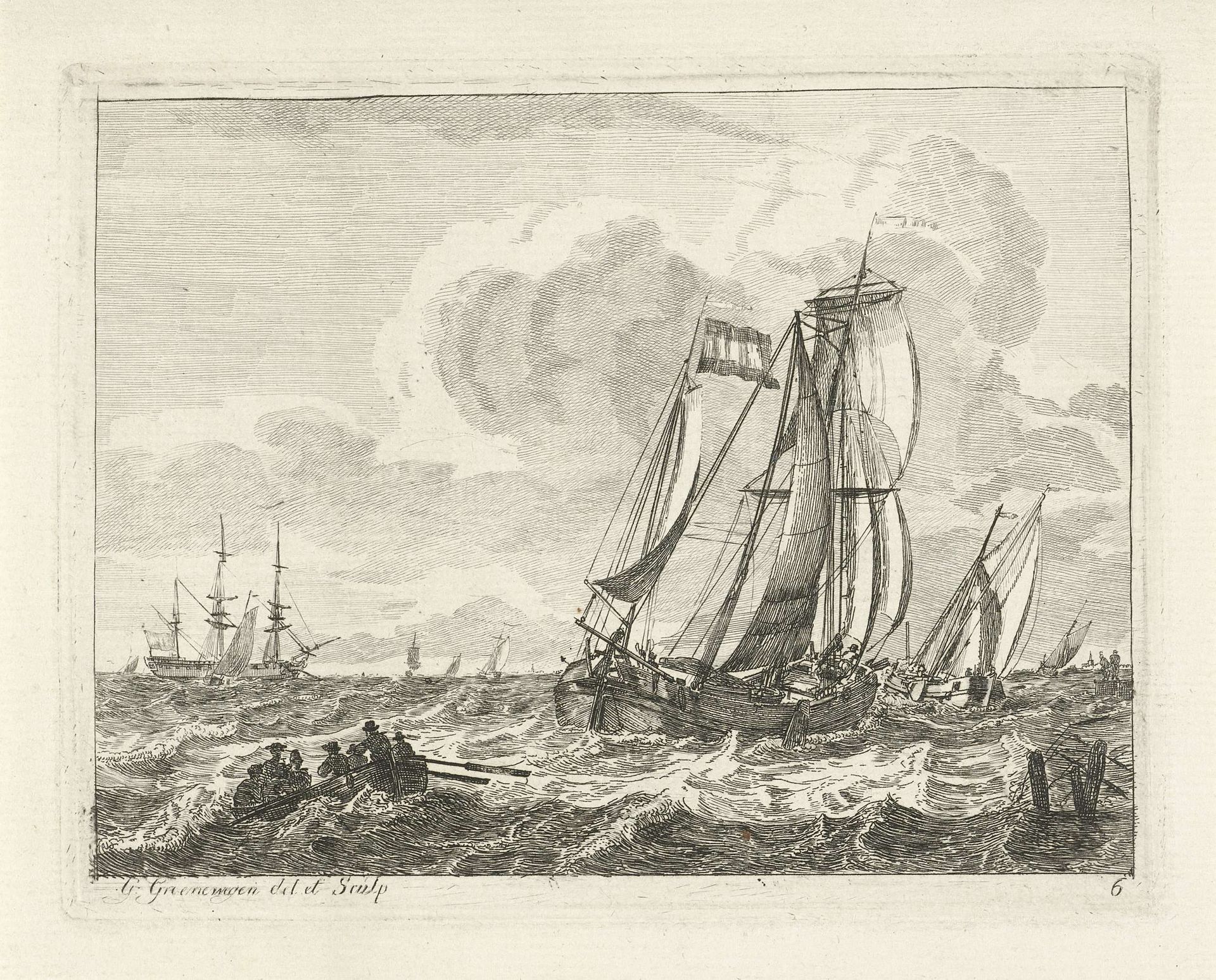 Zeilschepen en een roeiboot op open water by Gerrit Groenewegen