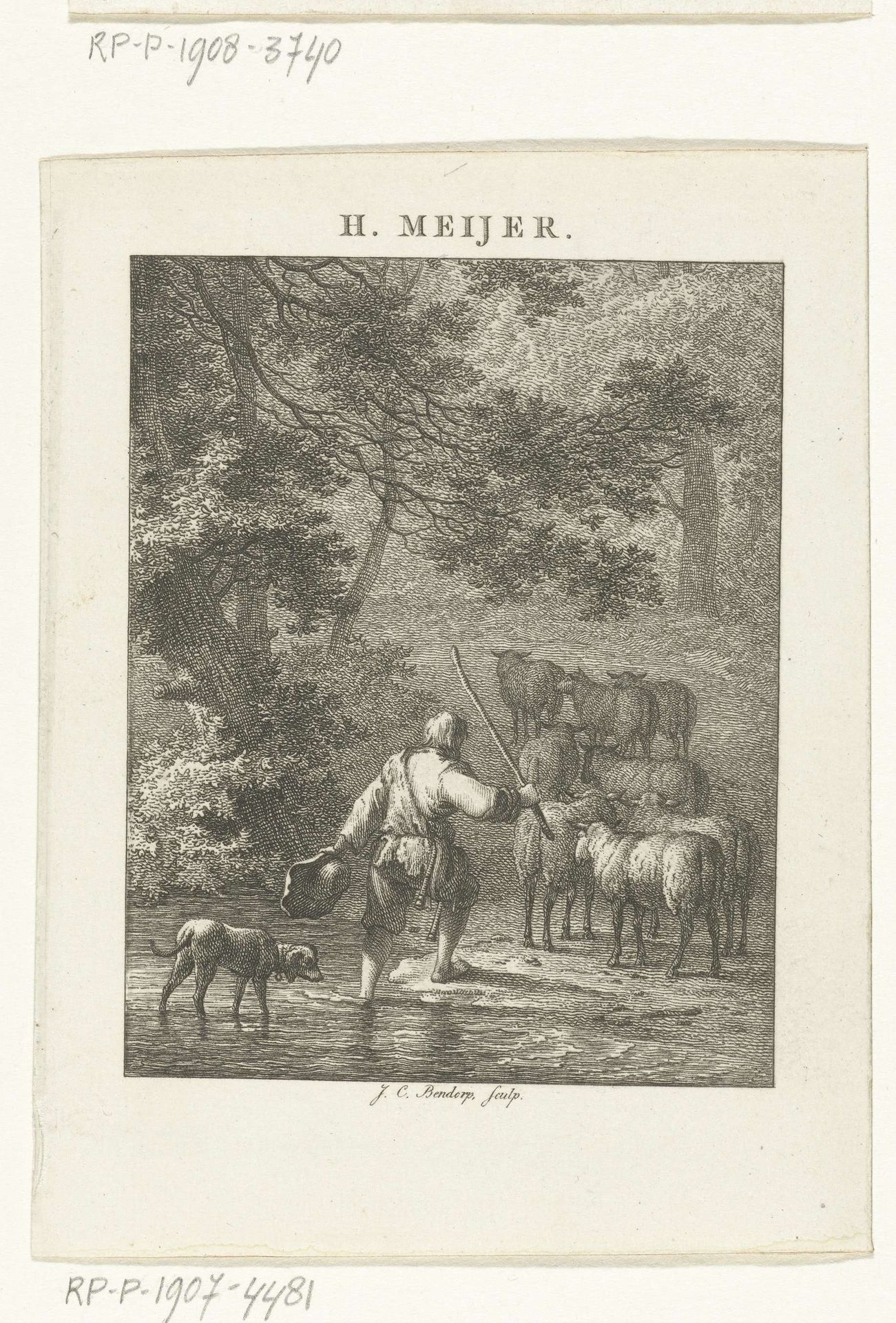 Boslandschap met herder en kudde schapen by Johannes Christiaan Bendorp