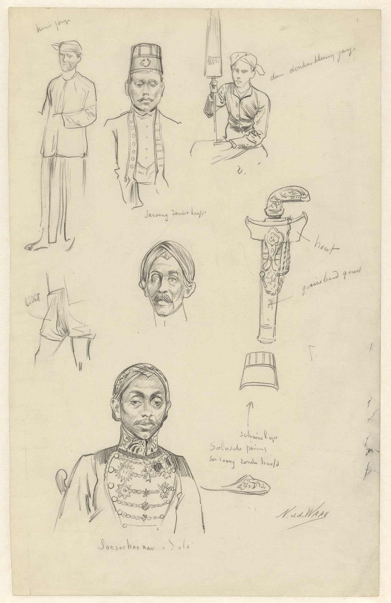 Studieblad met een portret van de Soesoehoenan van Solo, kleding, hoofddeksels en een kris by Nicolaas van der Waay