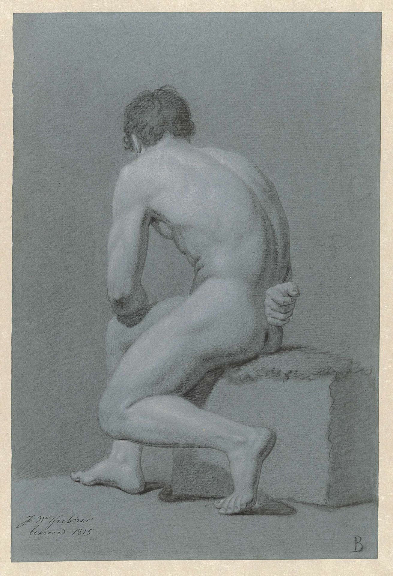 Zittend mannelijk naakt, half naar links, op de rug gezien by Willem Grebner