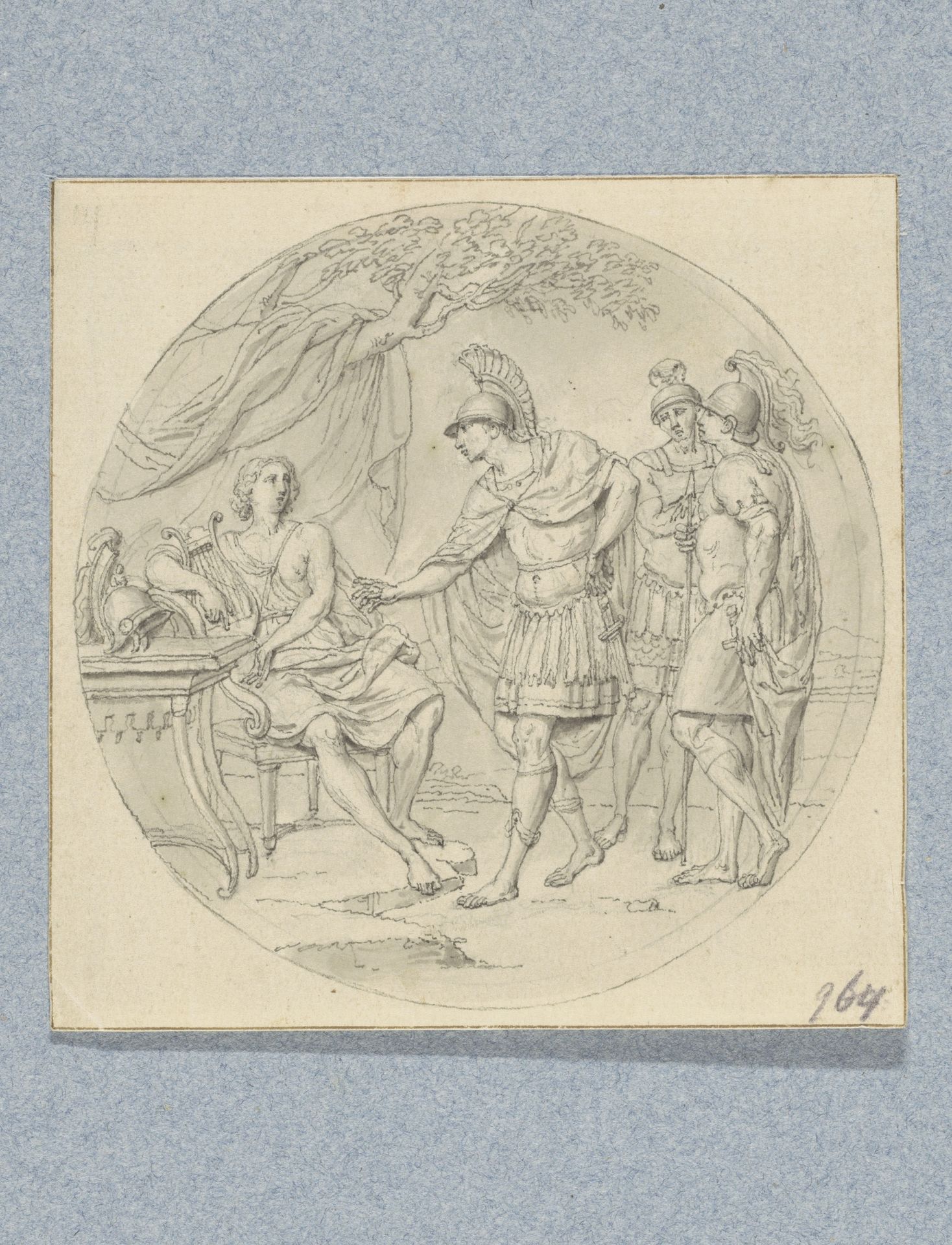 Onder een doek zittende man ontvangt drie militairen (in doos met 43 tekeningen) by Louis Fabritius Dubourg