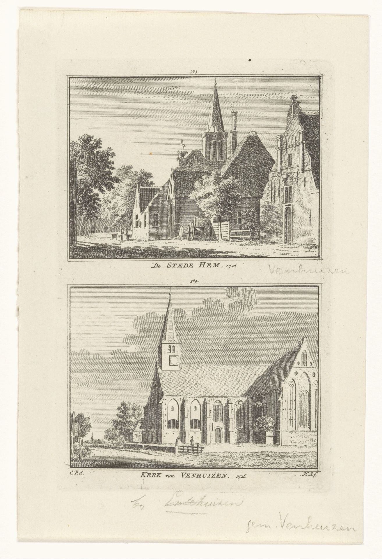 Gezicht op het dorp Hem en gezicht op de kerk te Venhuizen, 1726 by Hendrik Spilman