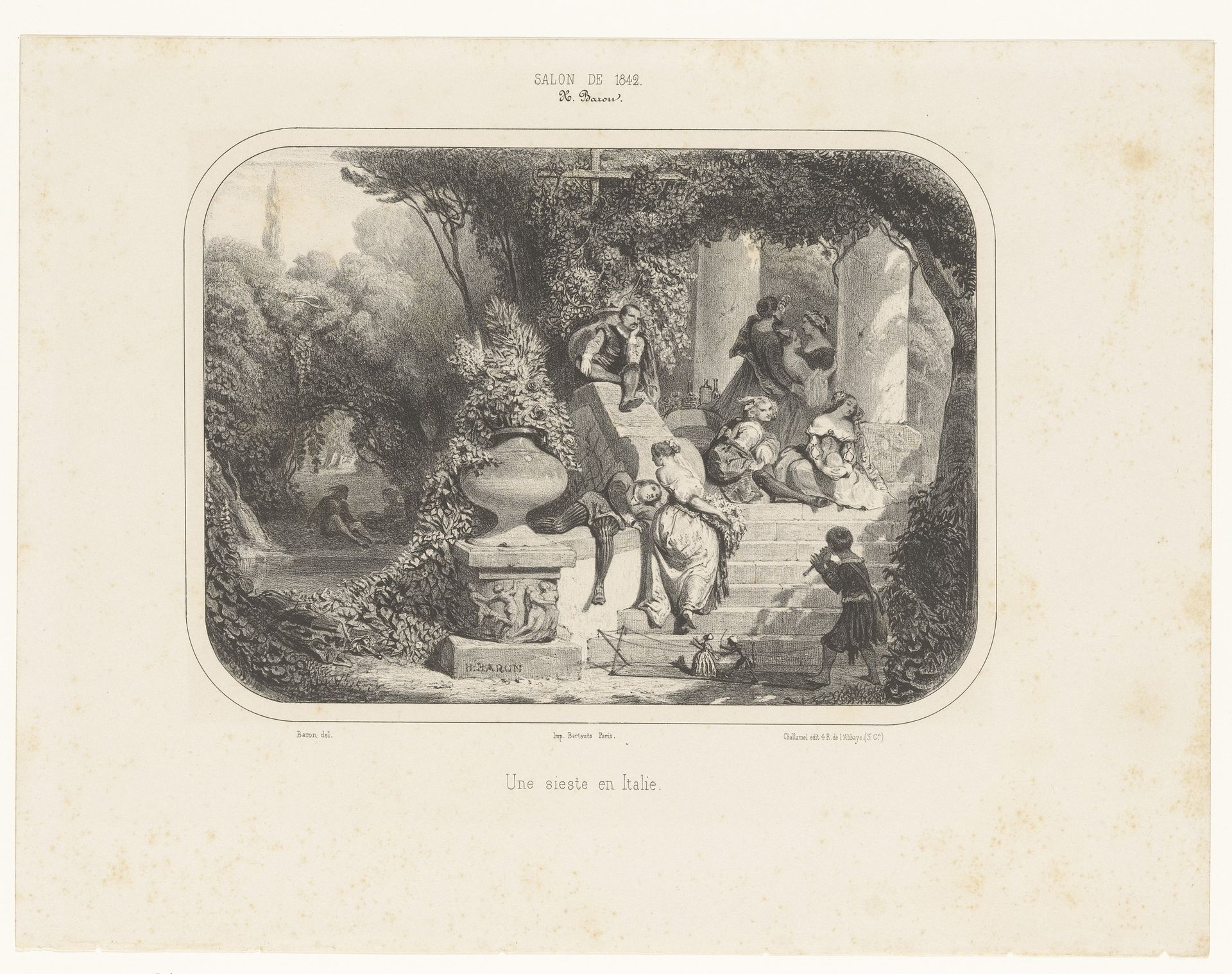 Gezelschap rust in de middagzon in een Italiaanse tuin by Henri-Charles-Antoine Baron