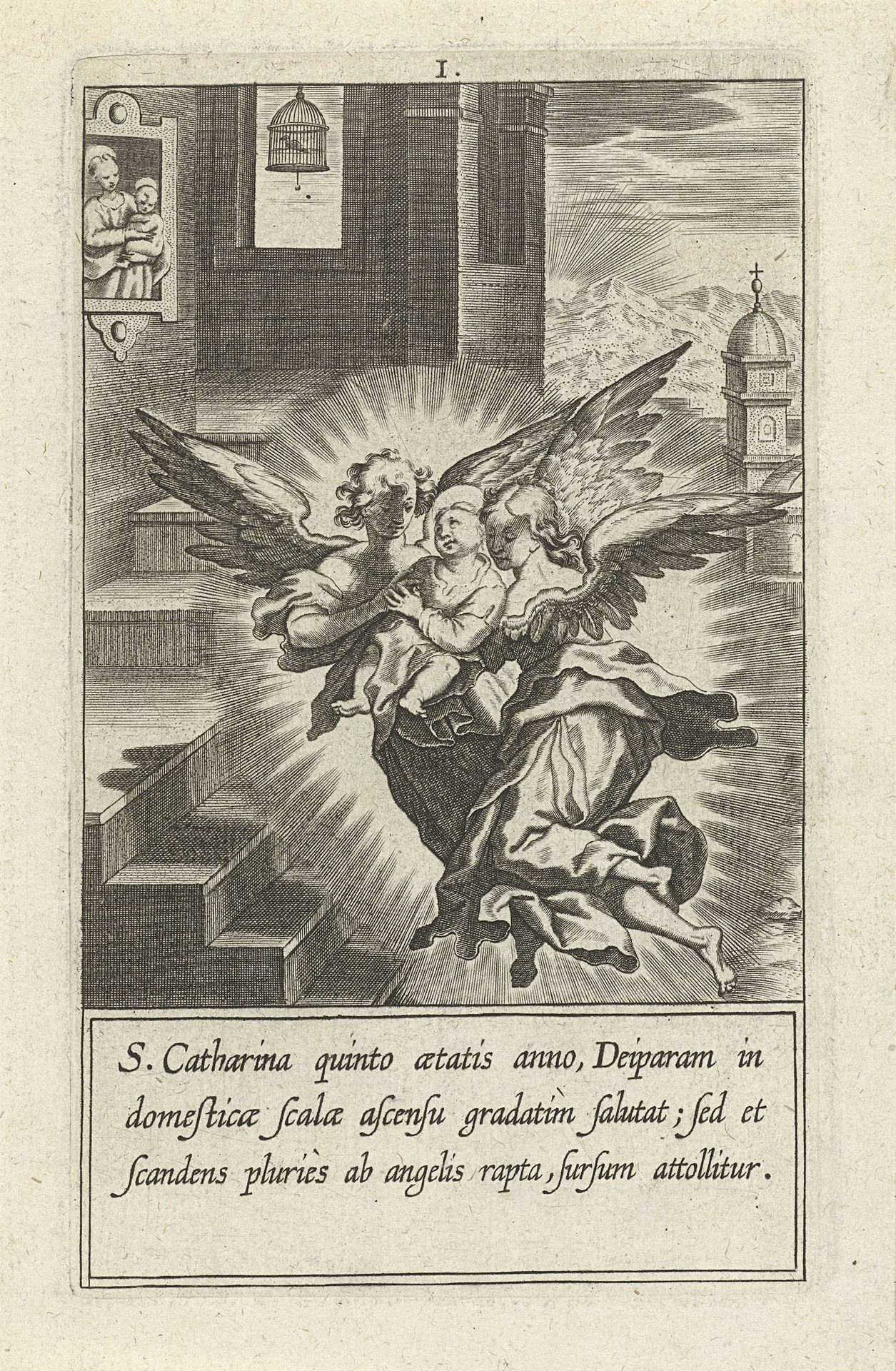 Catharina wordt door twee engelen de trap opgedragen by Cornelis Galle I
