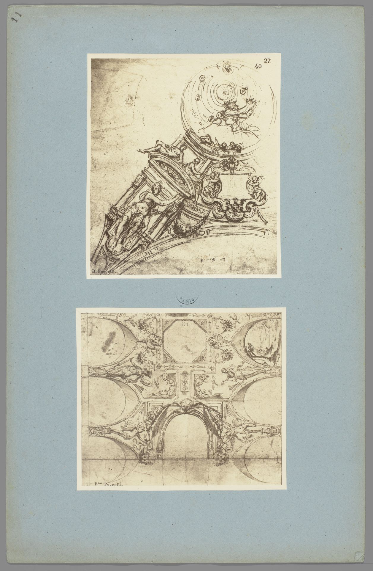 Twee fotoreproducties van tekeningen van plafonddecoraties door Bernardino Poccetti by Anonymous