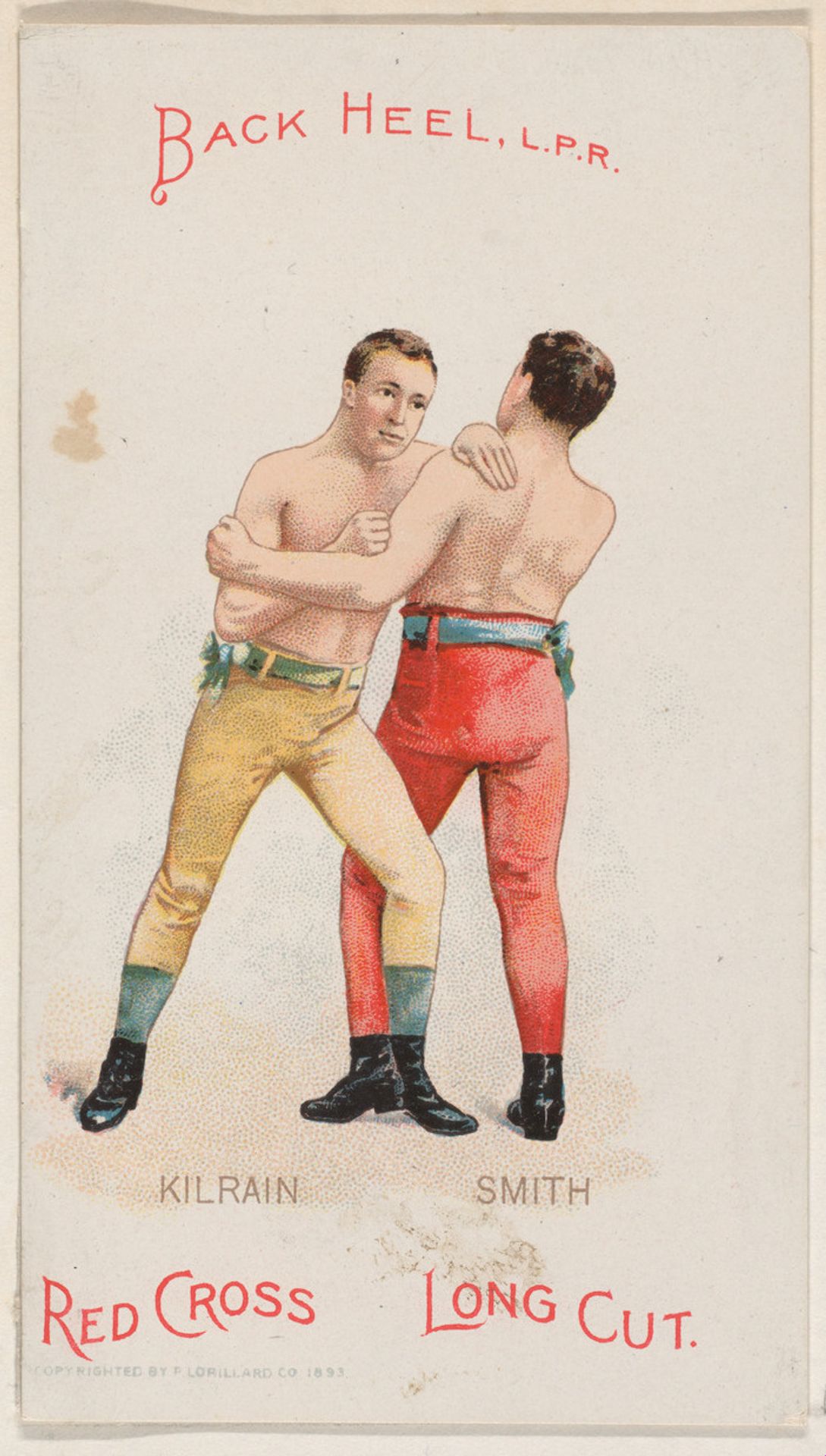 Back Heel, L.P.R., Jake Kilrain and Jem Smith, from the Boxing Positions and Boxers series (N266) issued by P. Lorillard Company to promote Red Cross Long Cut Tobacco by P. Lorillard Company