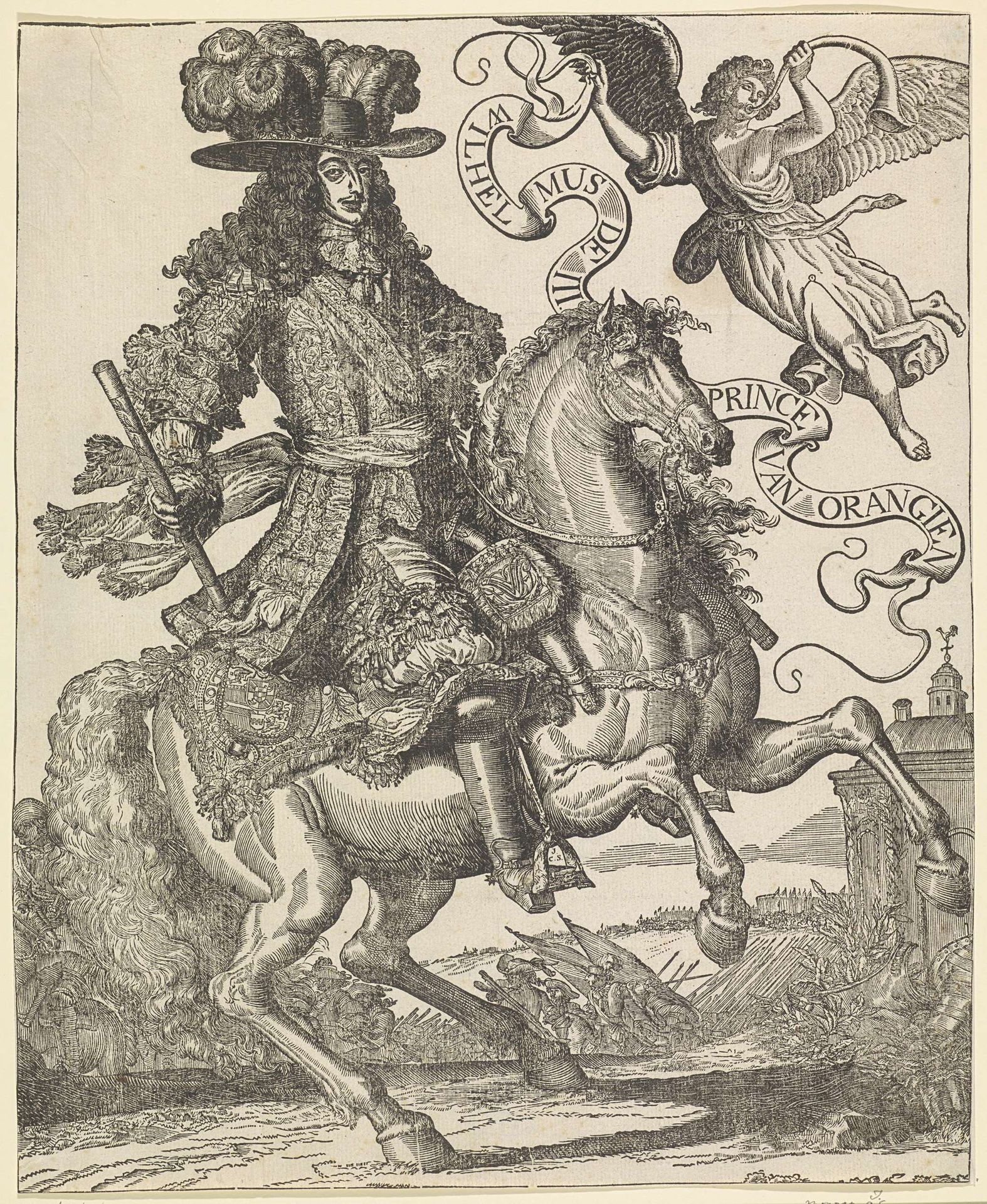 Ruiterportret van Willem III, prins van Oranje by Monogrammist JCS (graveur)