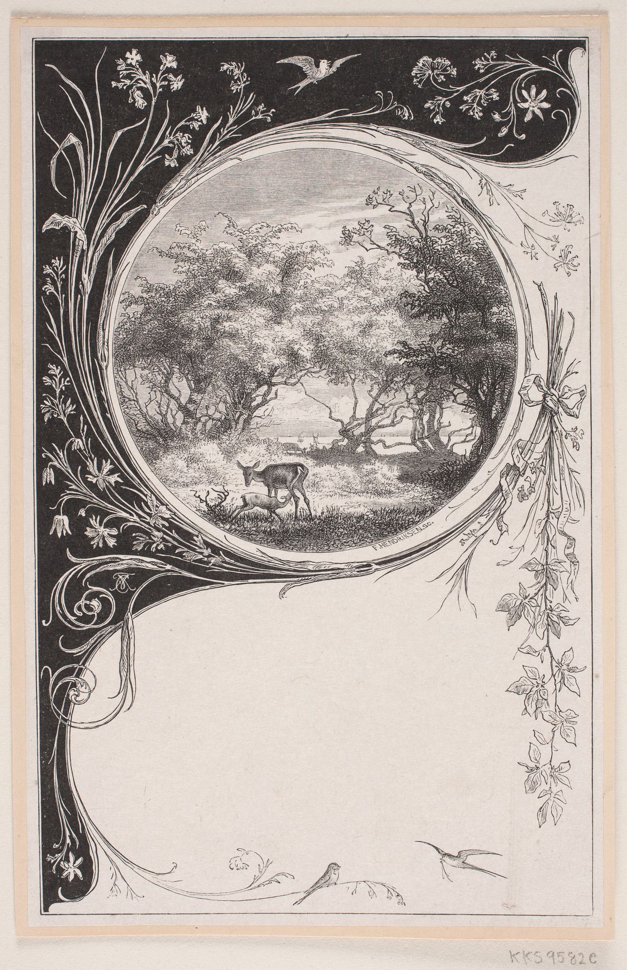 Skovklædt strand. Til "Maanederne" v. C. Andersen og F. Hendriksen by F. Hendriksen