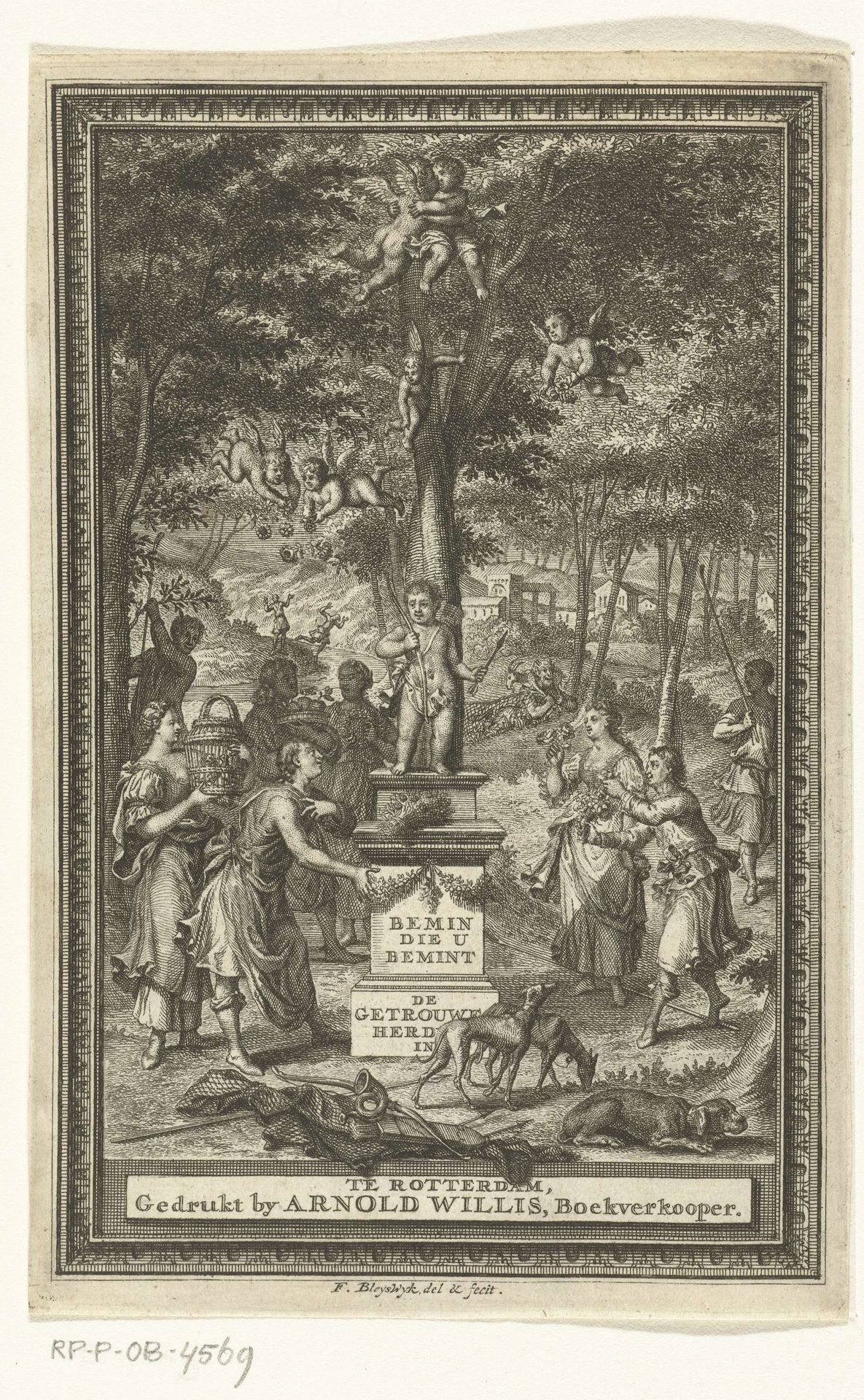 Boslandschap met herders en herderinnen die gaven brengen bij beeld van Cupido by François van Bleyswijck