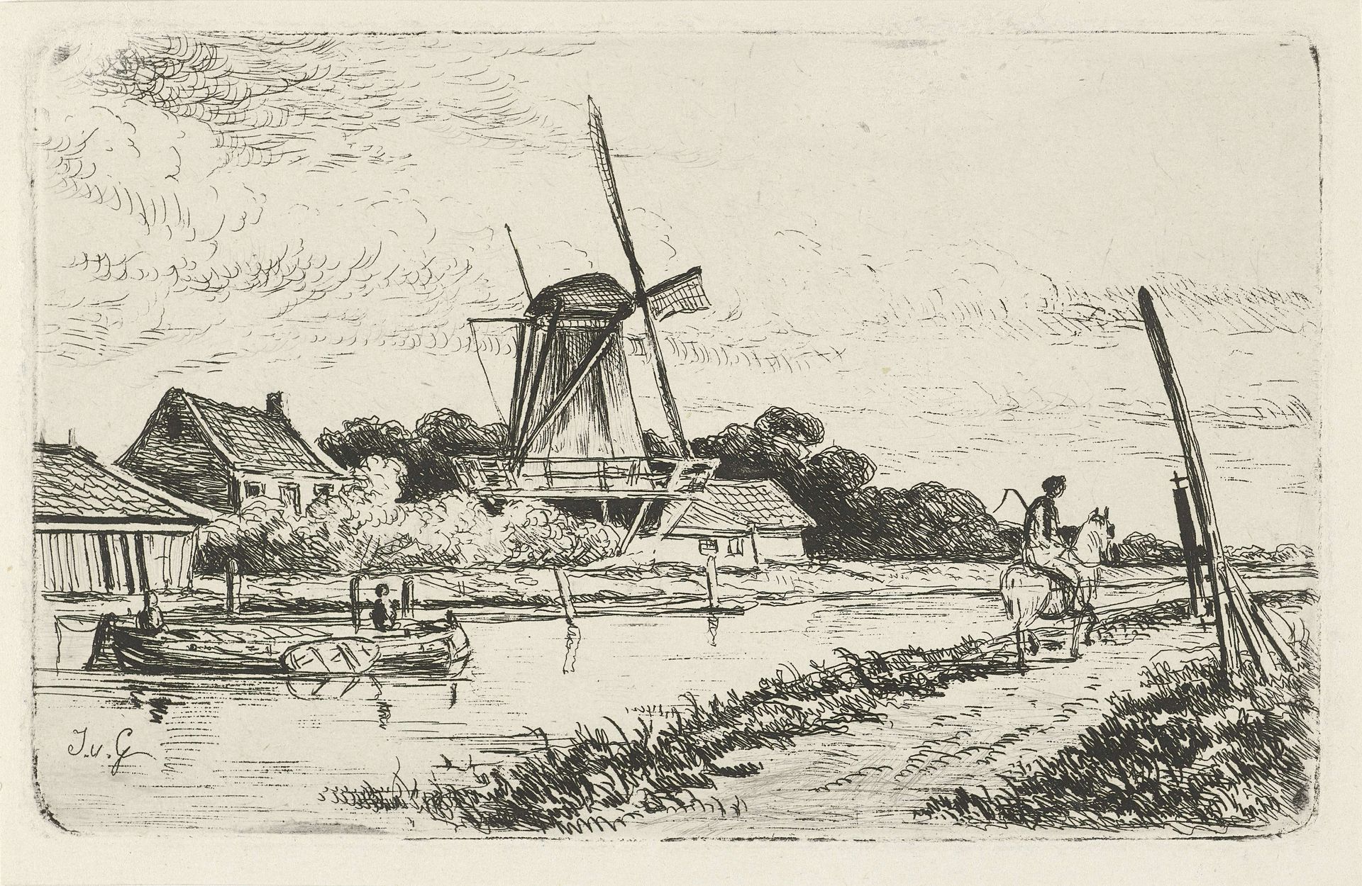Landschap met een vaart en een windmolen by Jacobus van Gorkom jr.