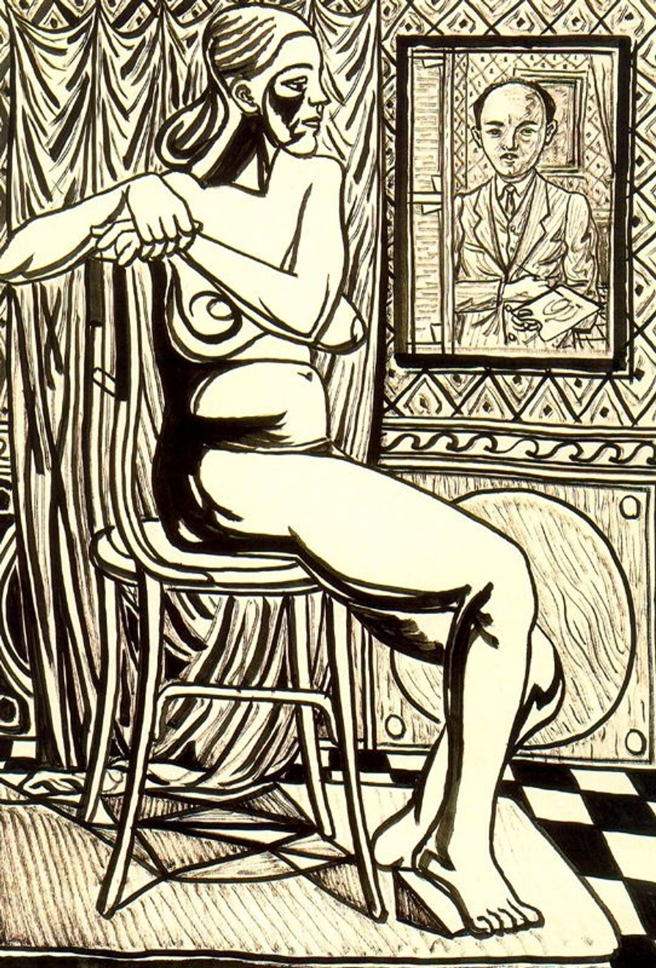 Seated female nude and artist's self-portrait by Rafael Zabaleta